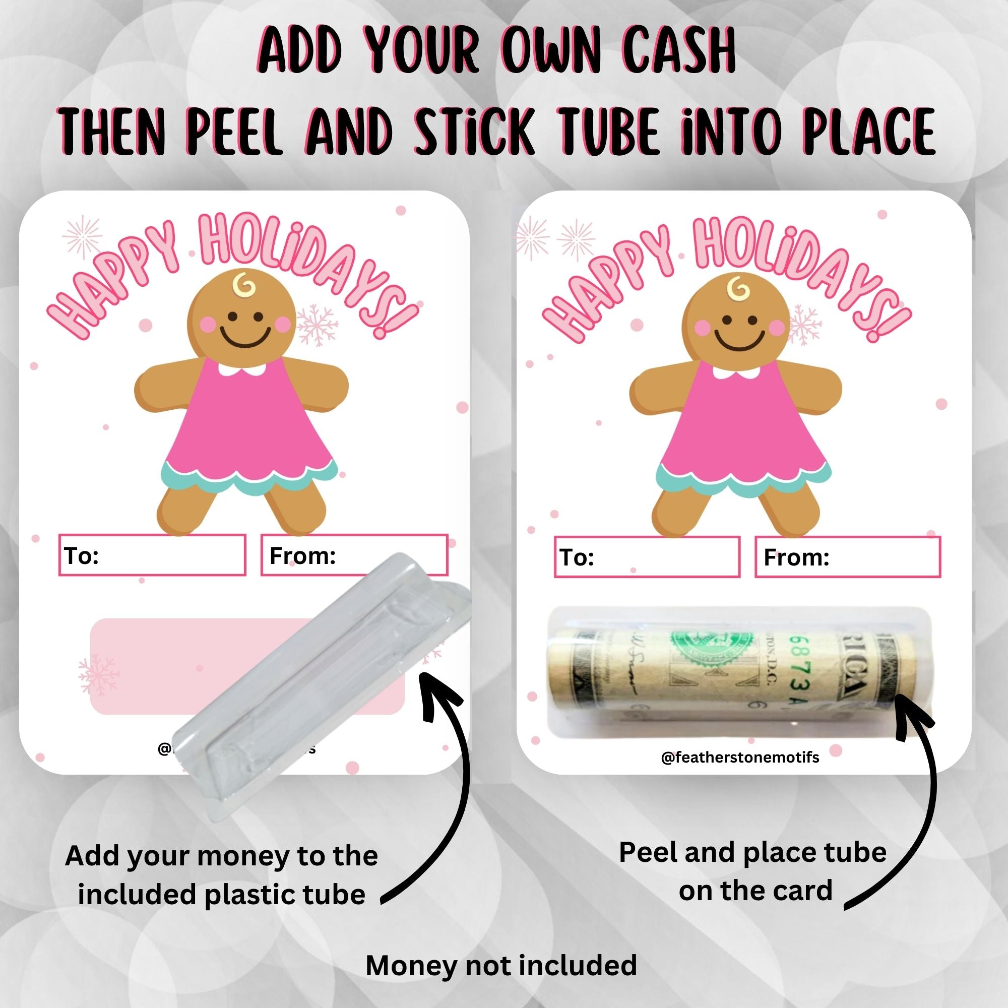 This image shows how to attach the money tube to the Pink Gingerbread Money Card.