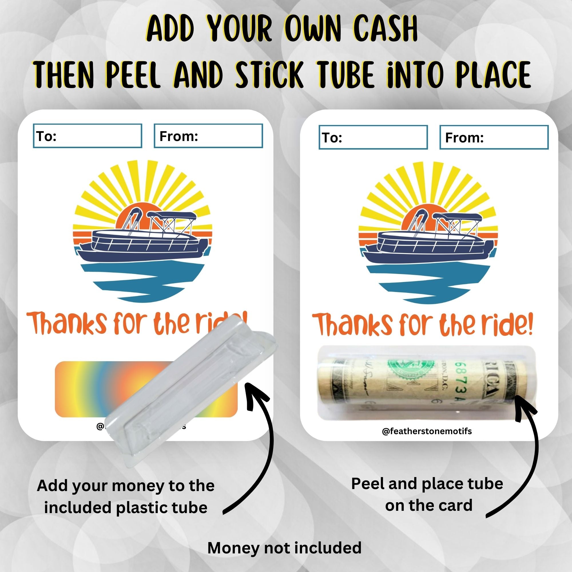 This image shows how to attach the money tube to the Pontoon Money Card Kit.