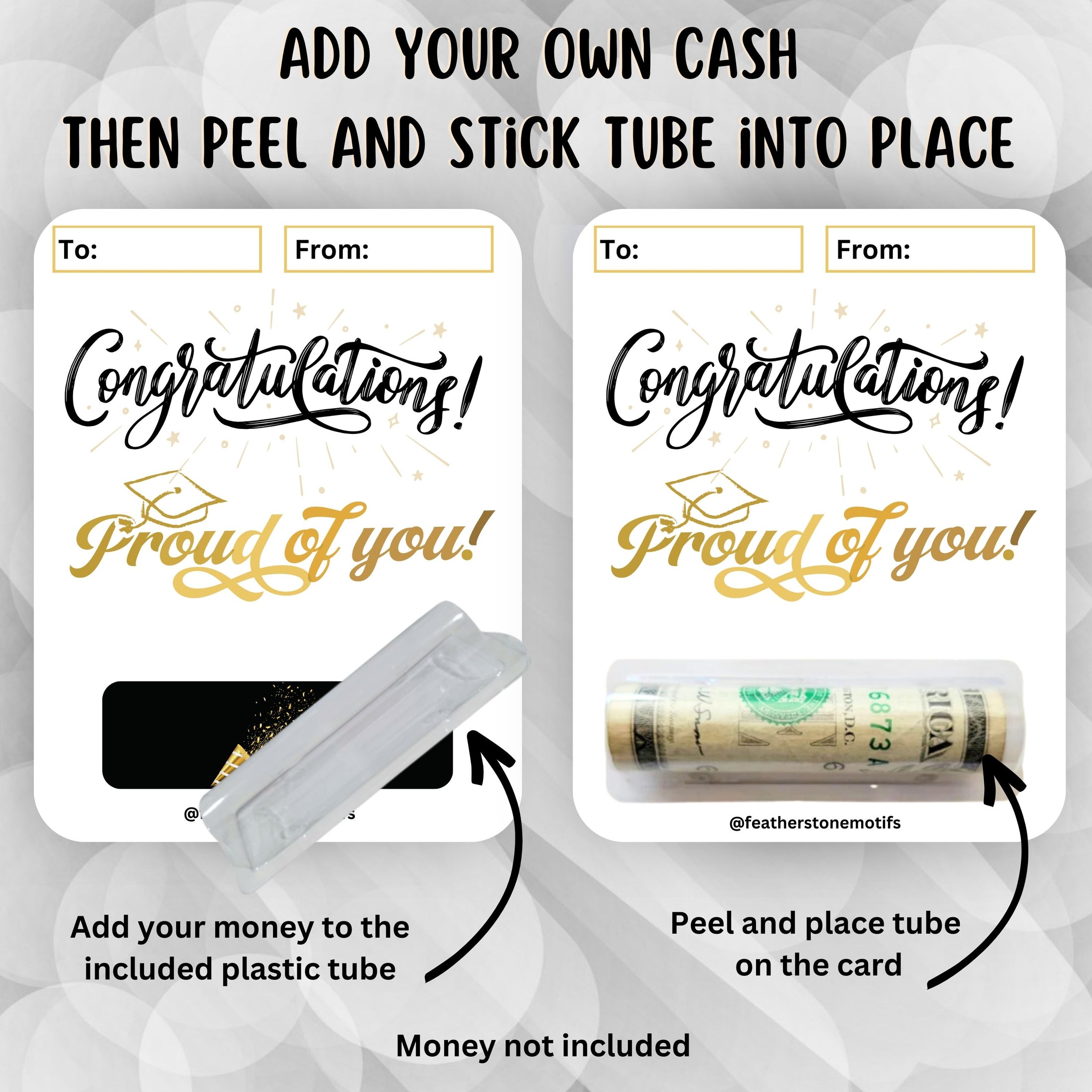 This image shows how to attach the money tube to the Proud of You! Graduation Money Card.