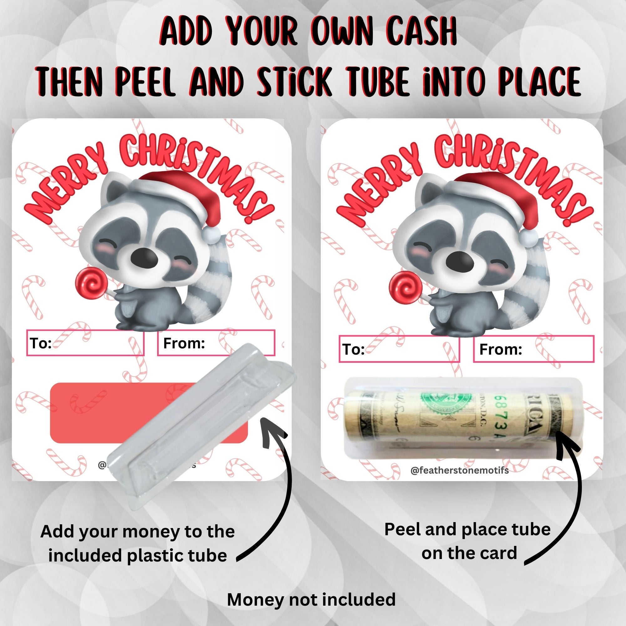 This image shows how to attach the money tube to the Christmas Raccoon Money Card.