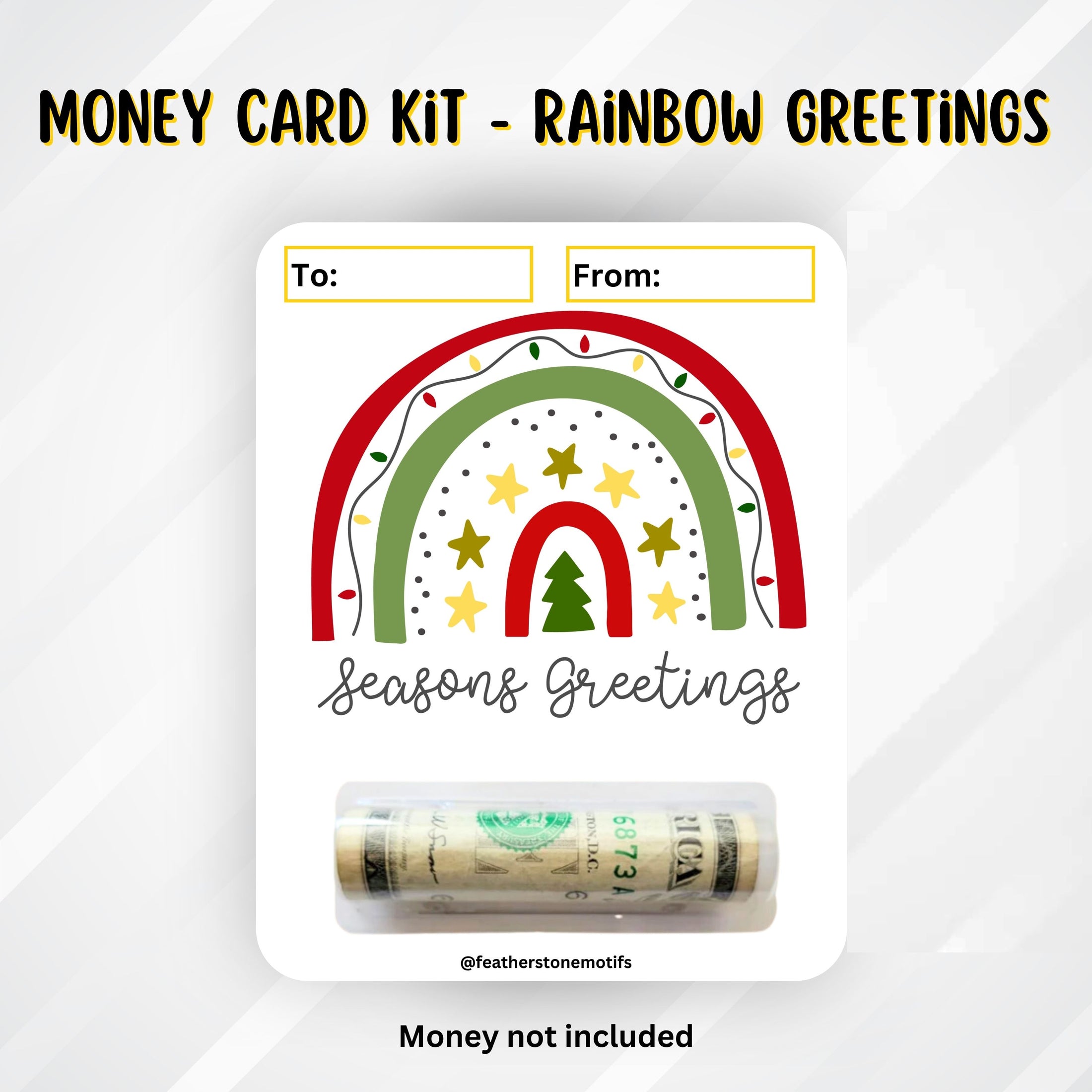 This image shows the money tube attached to the Rainbow Greetings money card.