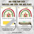 Load image into Gallery viewer, This image shows how to attach the money tube to the Rainbow Greetings money card.
