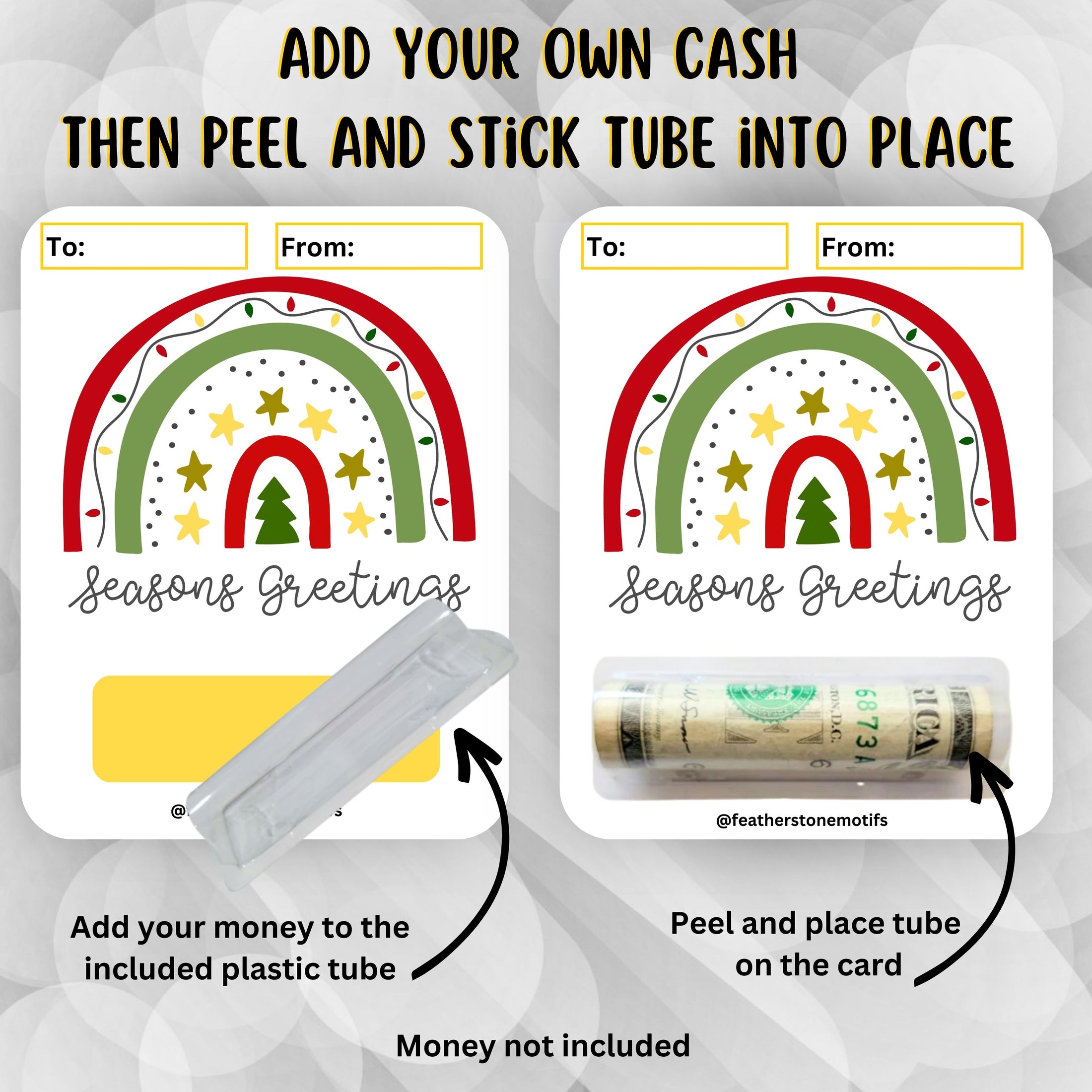This image shows how to attach the money tube to the Rainbow Greetings money card.