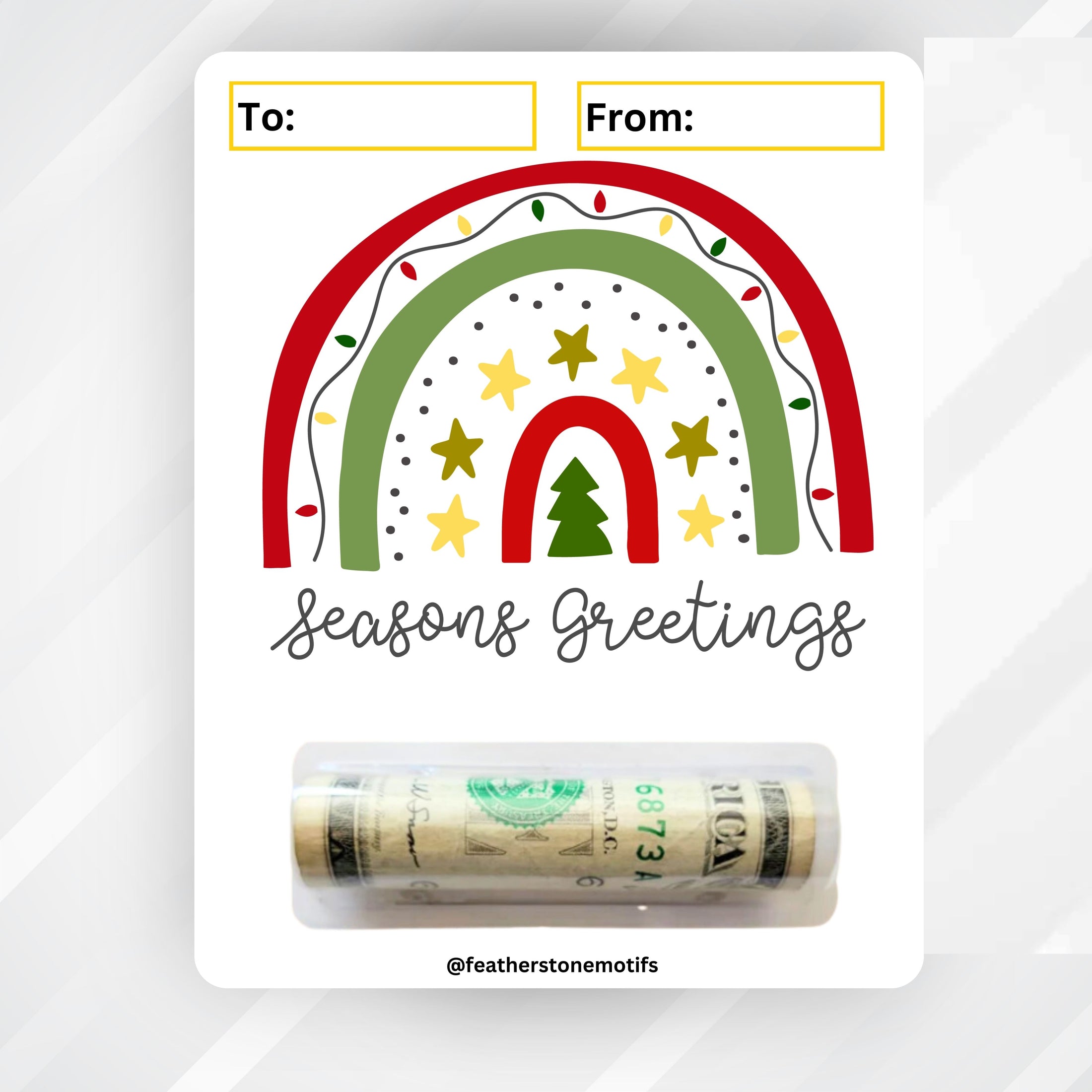 This image shows the money tube attached to the Rainbow Greetings money card.