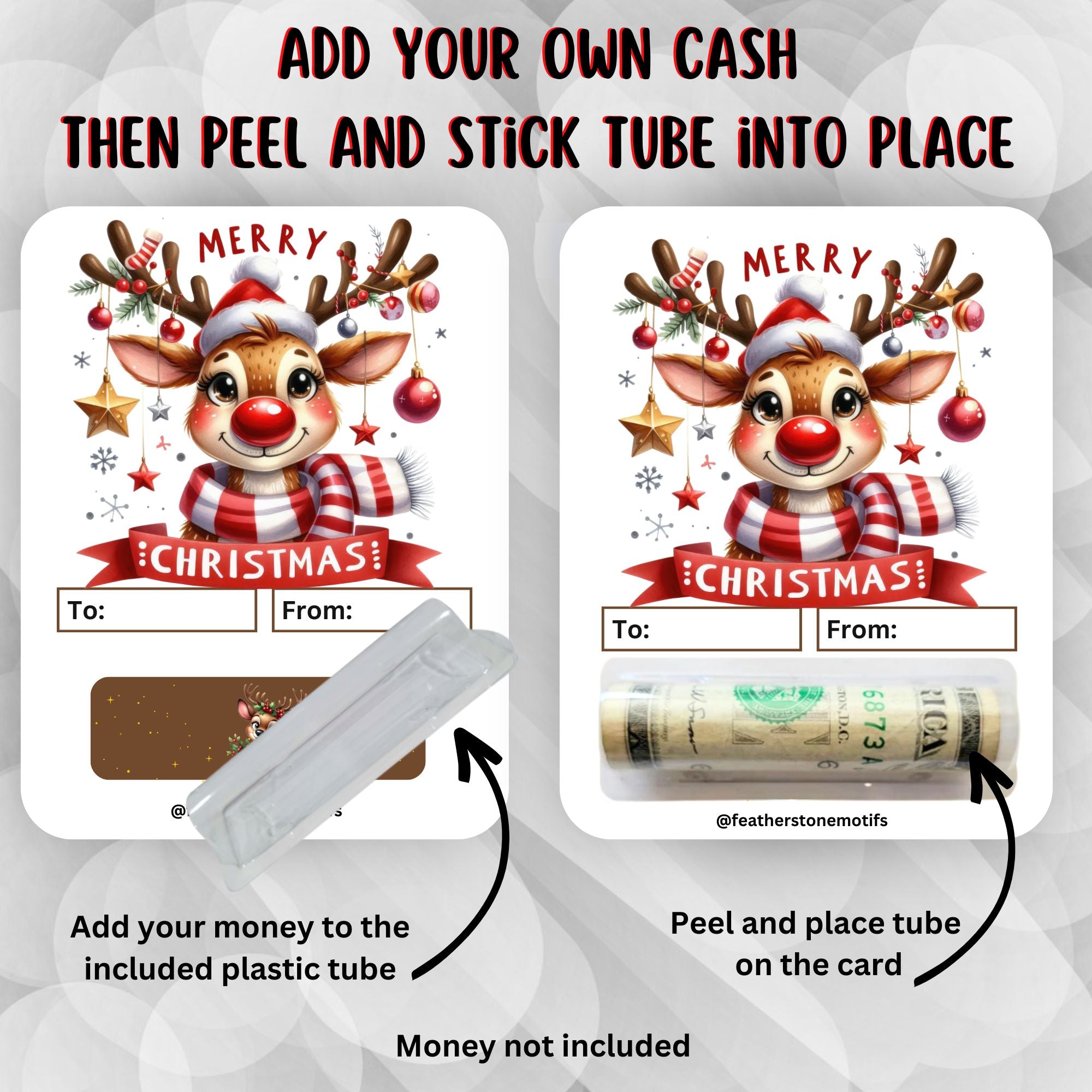 This image shows how to attach the money tube to the Rudolph Money Card.