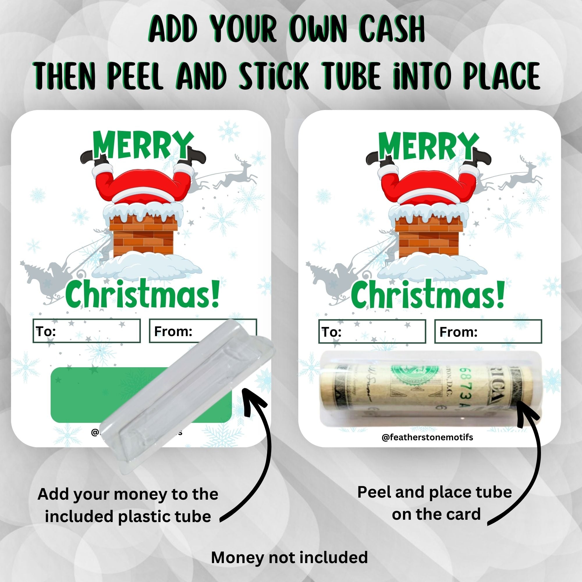 This image shows how to attach the money tube to the Santa Chimney Money Card.