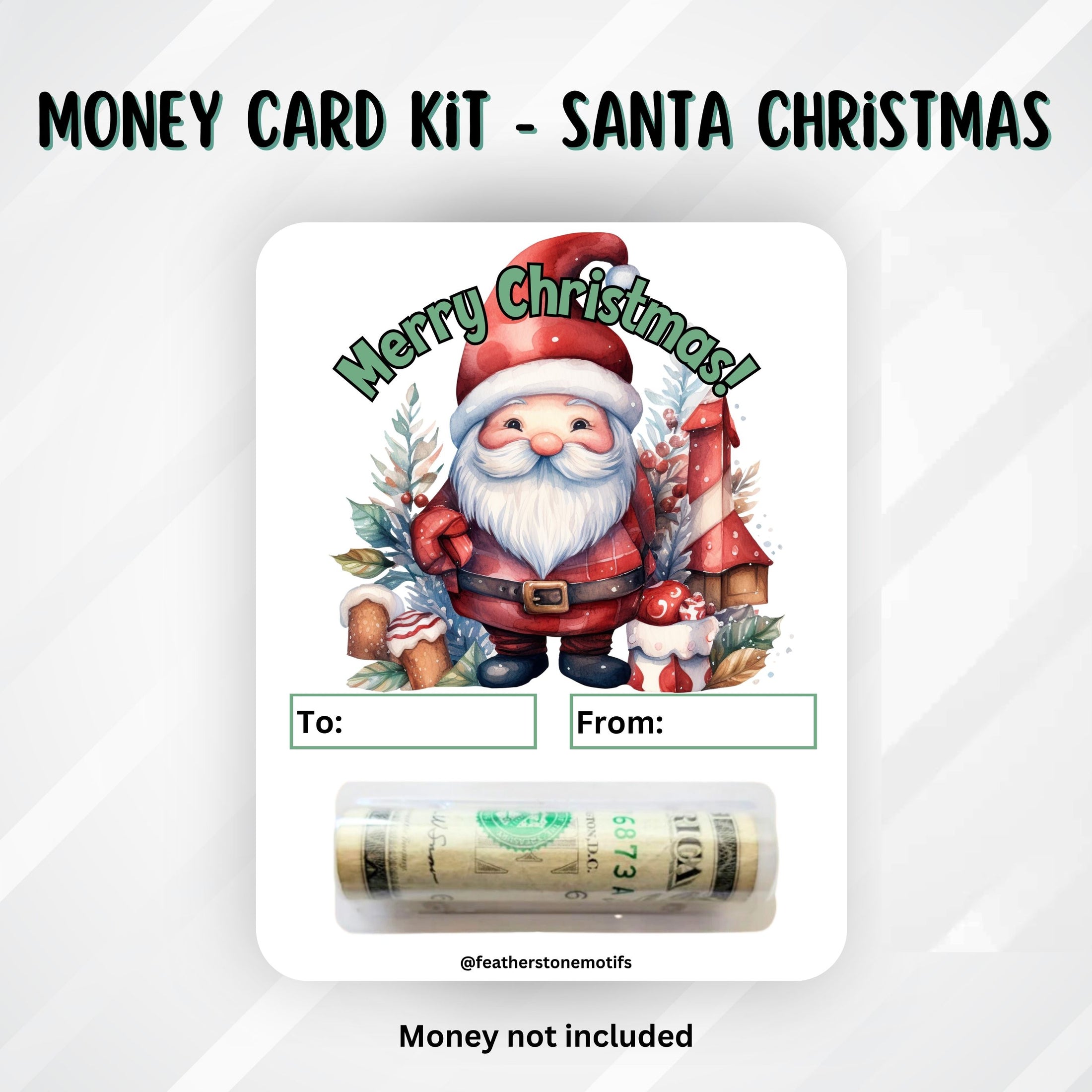 This image shows the Santa Christmas money card with money tube attached.