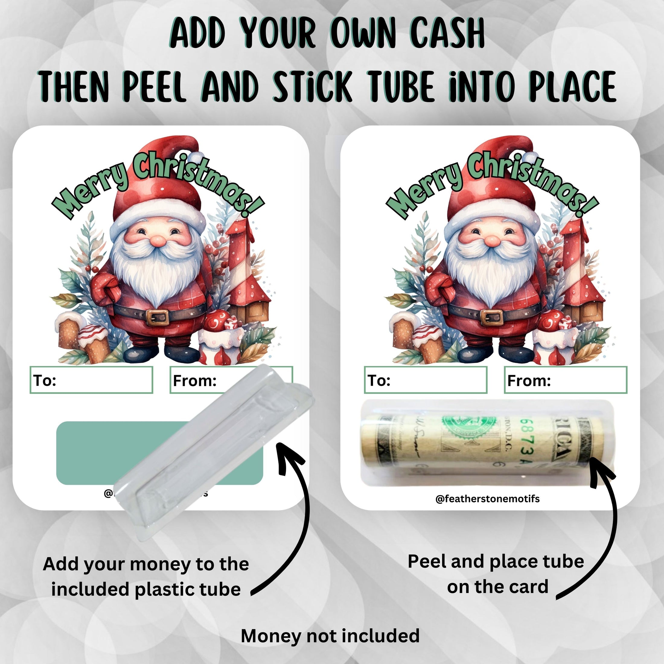 This image shows how to apply the money tube to the Santa Christmas money card.