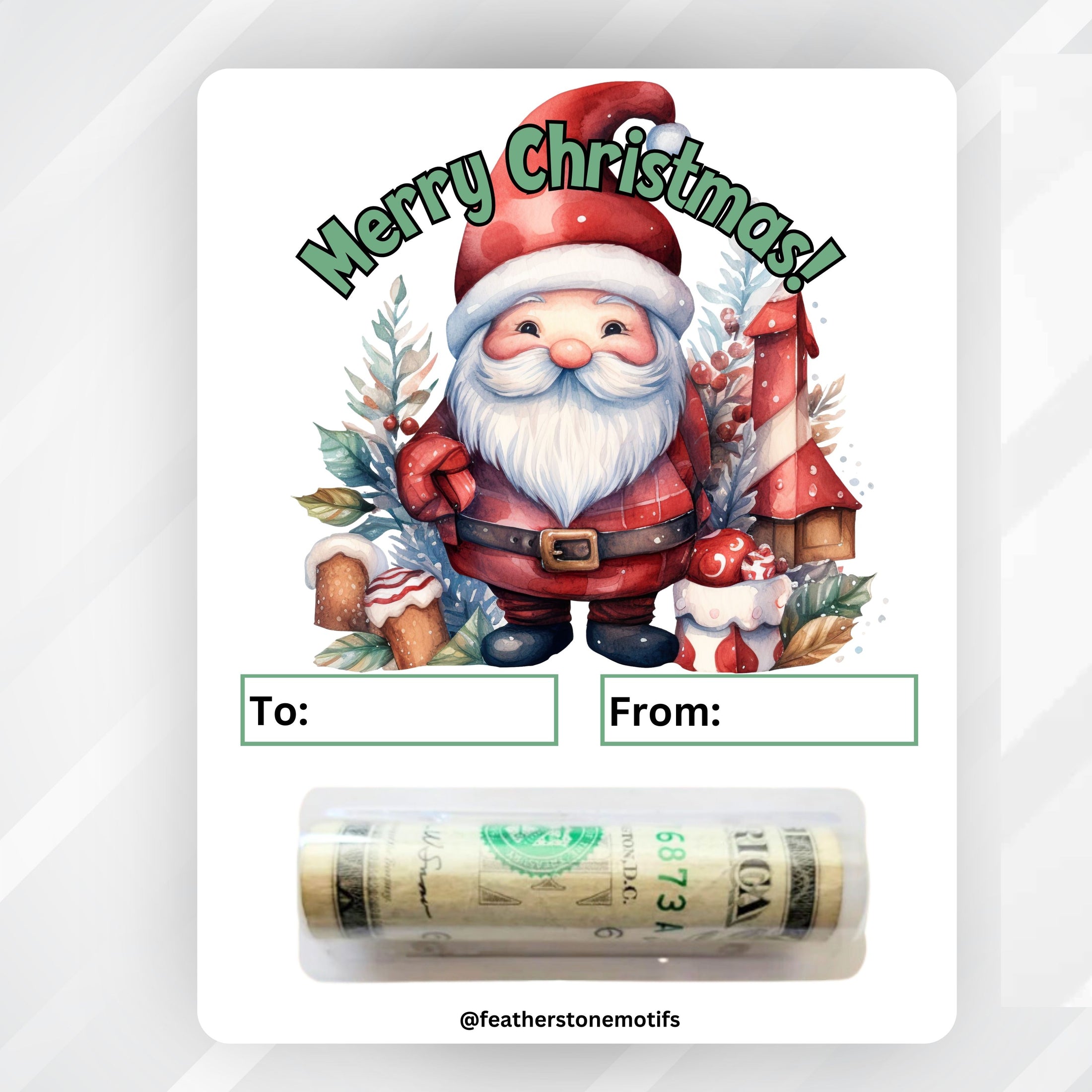 This image shows the Santa Christmas money card with money tube attached.