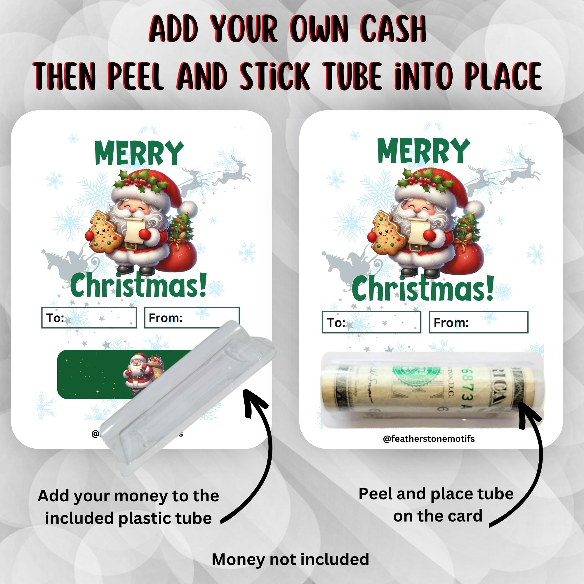 This image shows how to attach the money tube to the Santa Cookie Money Card.