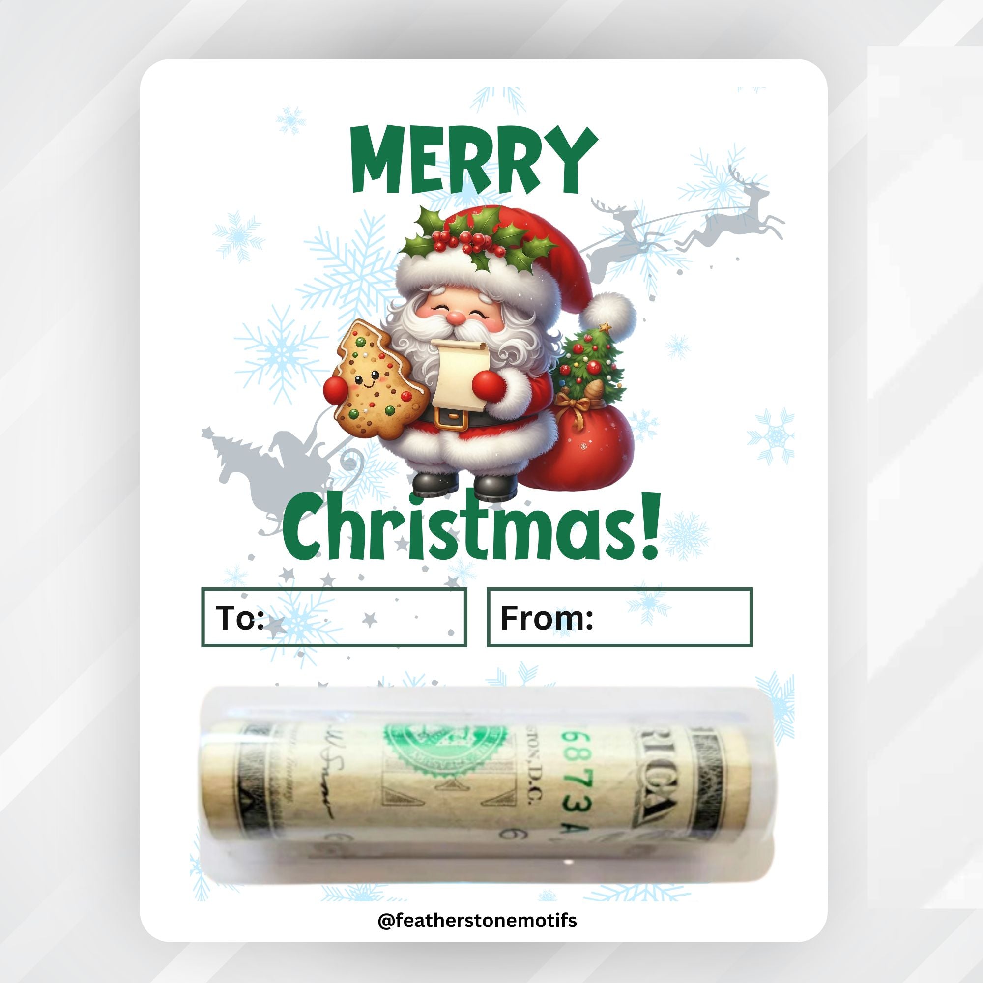 This image shows the money tube attached to the Santa Cookie Money Card.
