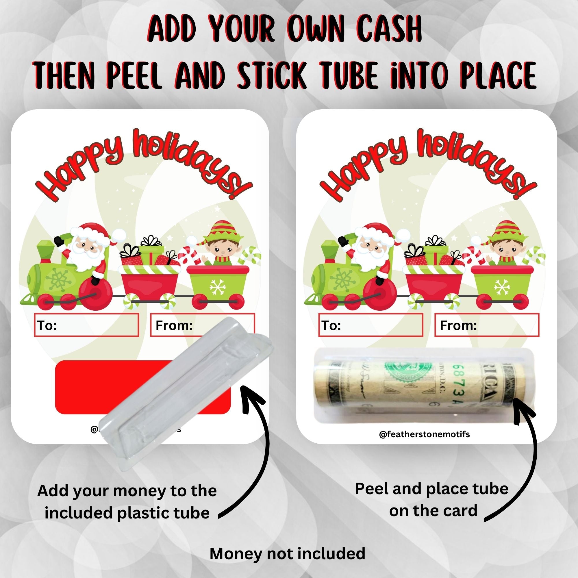This image shows how to attach the money tube to the Santa Train Money Card.