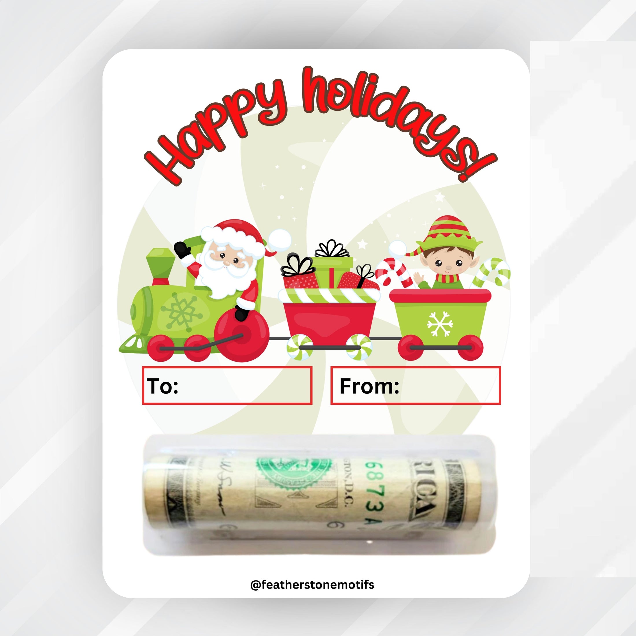 This image shows the money tube attached to the Santa Train Money Card.