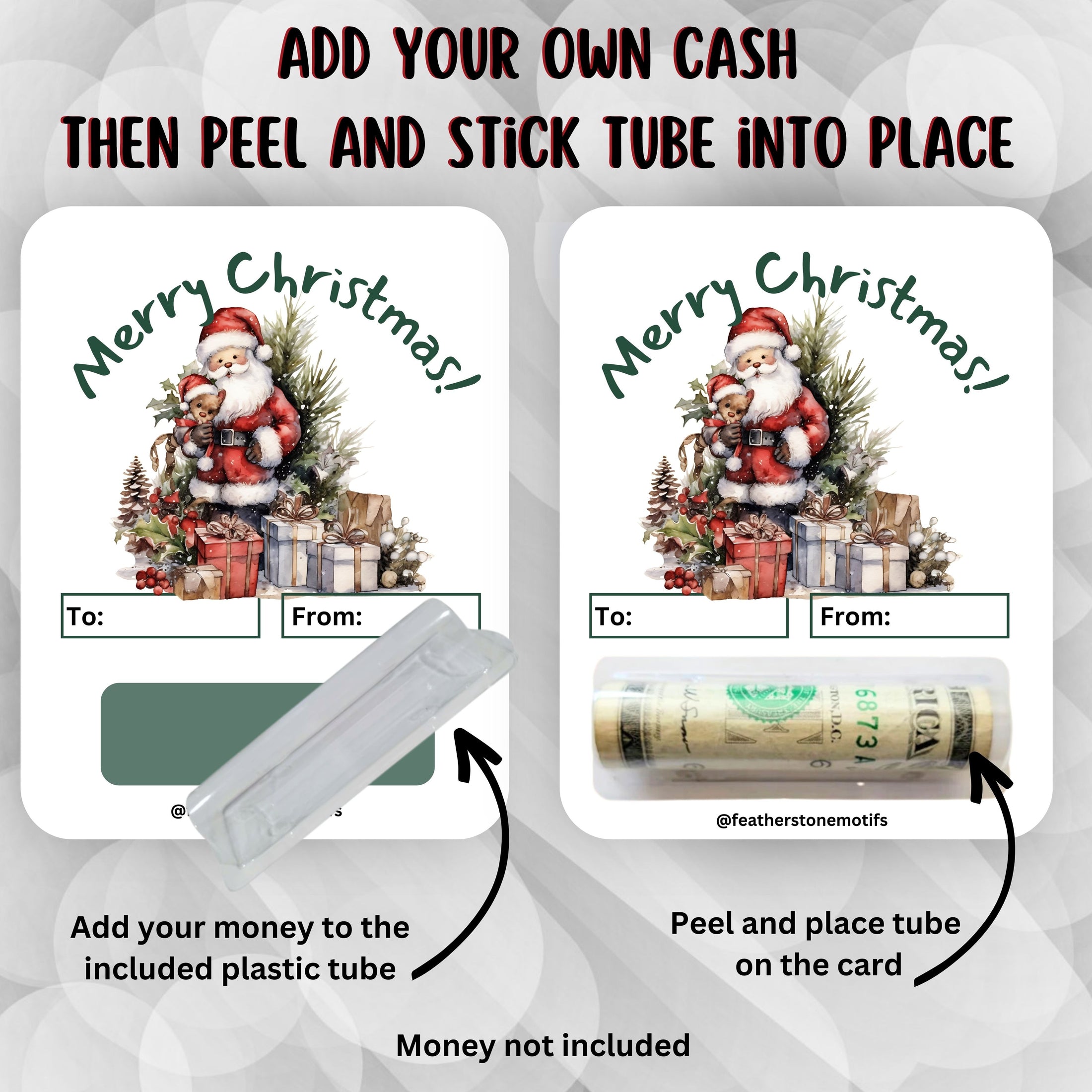This image shows how to attach the money tube to the Santa with a Bear Money Card.