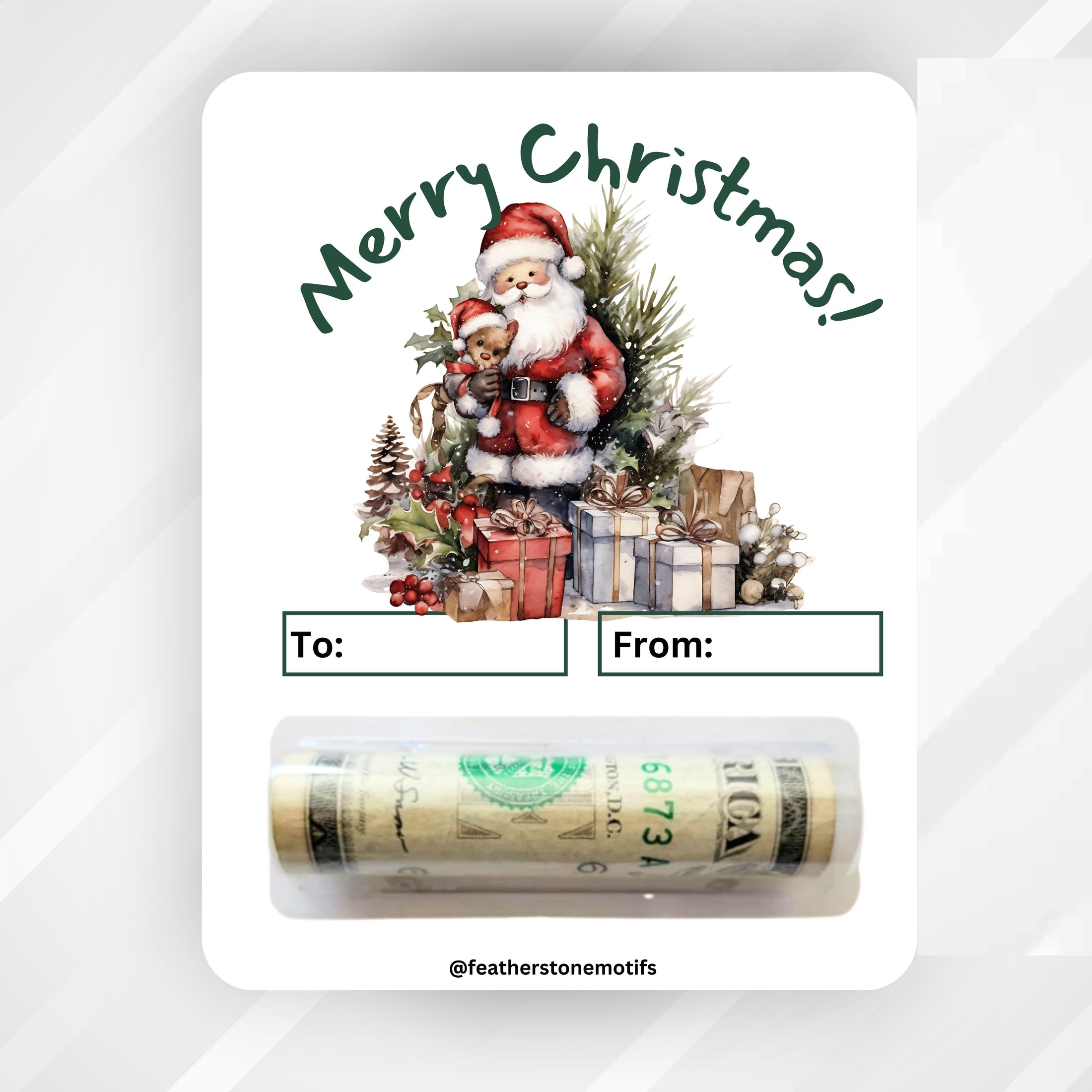 This image shows the money tube attached to the Santa with a Bear Money Card.