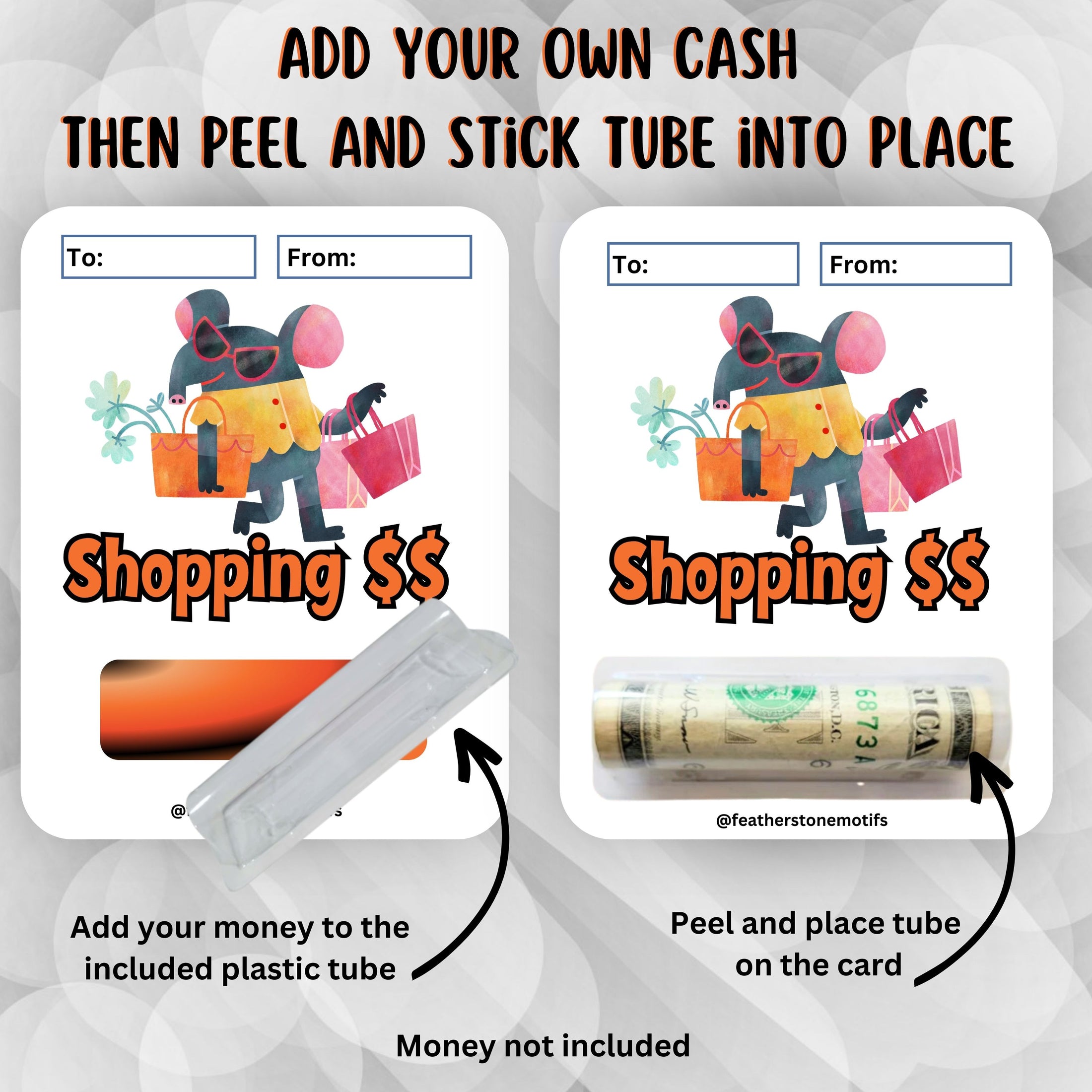 This image shows how to attach the money tube to the Shopping $$ Money Card.