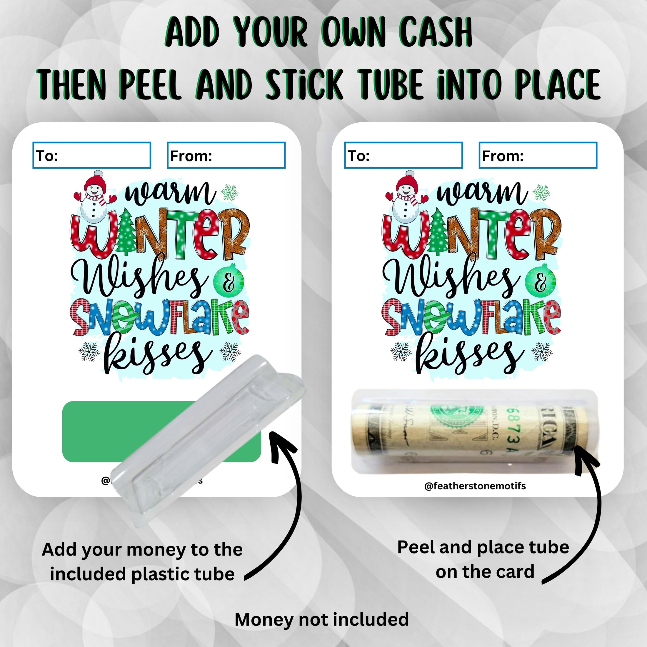 This image shows how to attach the money tube to the Snowflake Kisses Money Card.