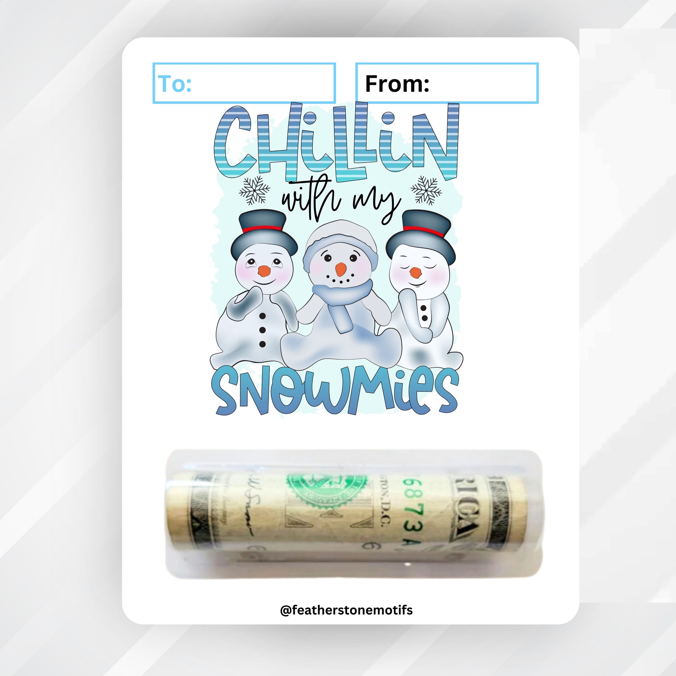 This image shows the money tube attached to the Snowmies Money Card.