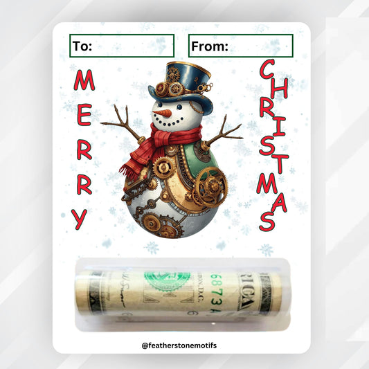 This image shows the money tube attached to the Steampunk Snowman Money Card.
