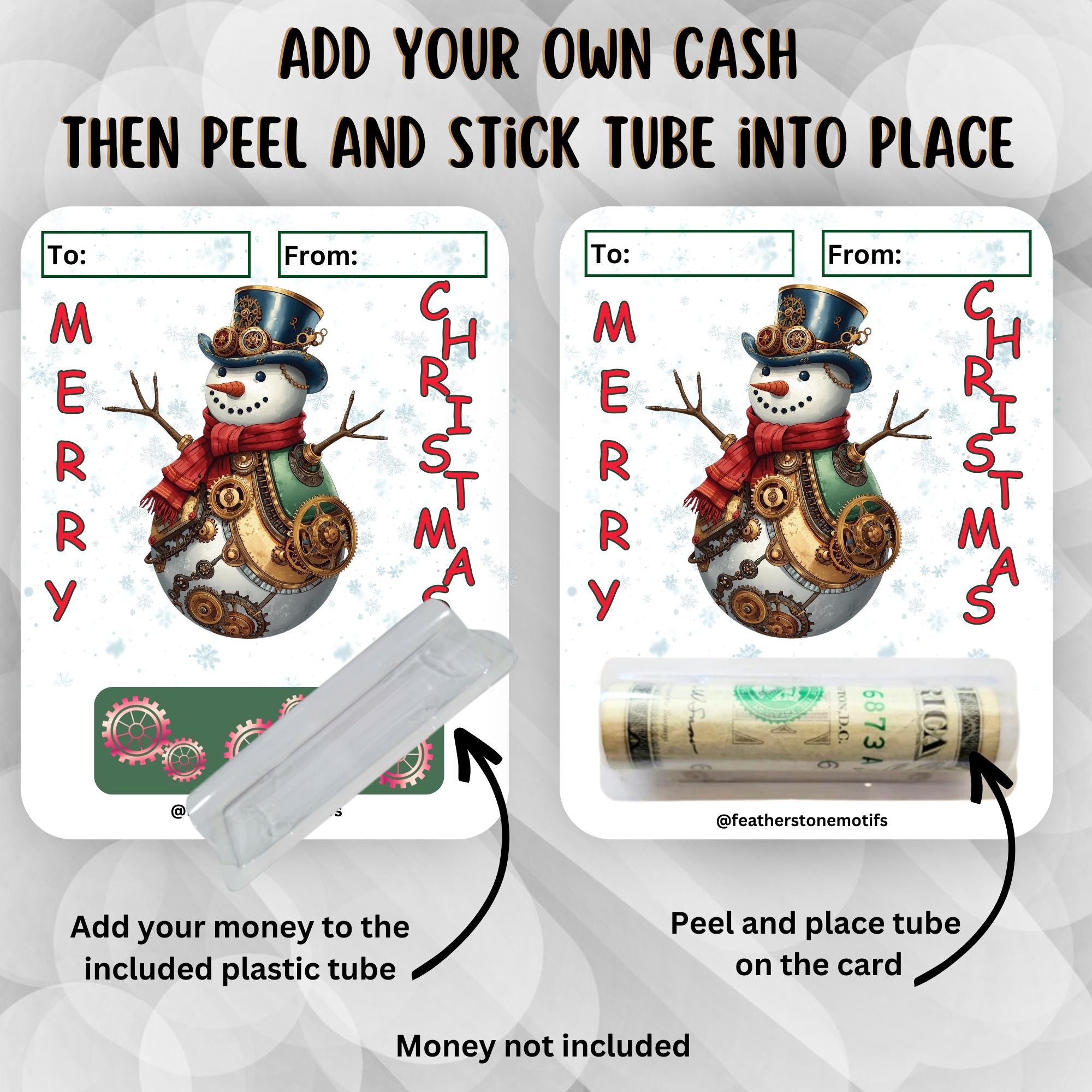 This image shows how to attach the money tube to the Steampunk Snowman Money Card.