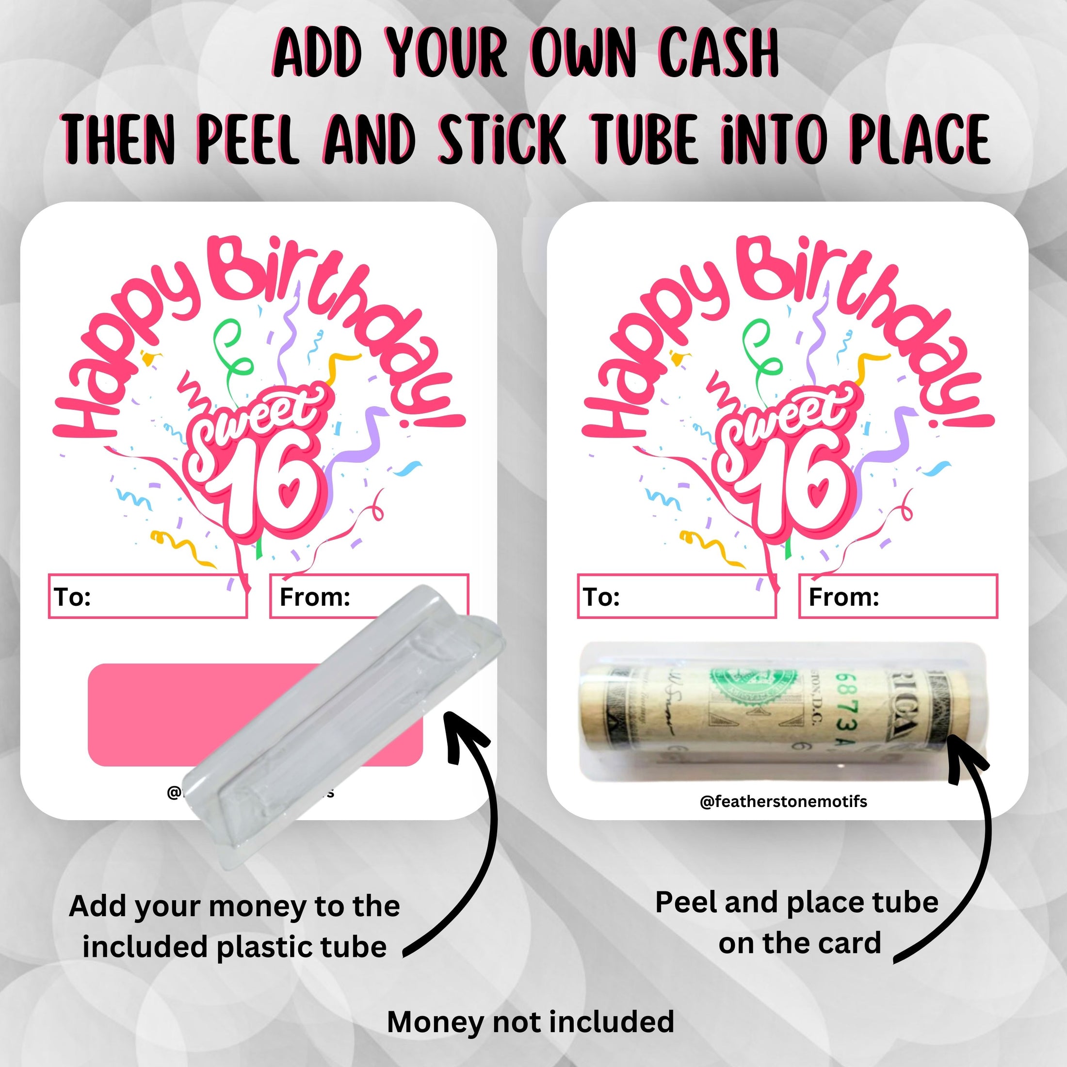 This image shows how to attach the money tube to the Sweet 16 Birthday money card.