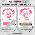 Load image into Gallery viewer, This image shows how to attach the money tube to the Sweet 16 Birthday money card.
