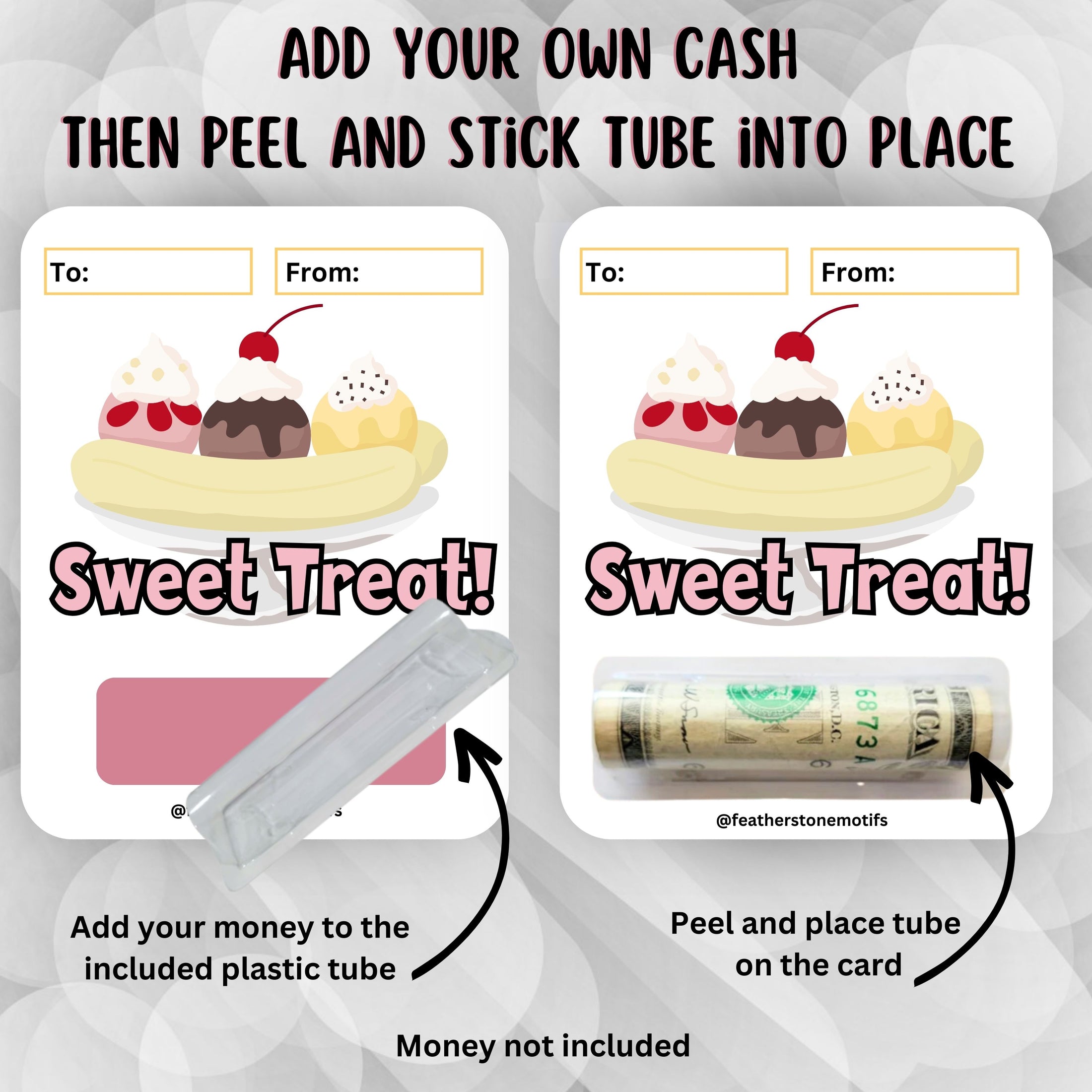 This image shows how to attach the money tube to the Sweet Treat Money Card.