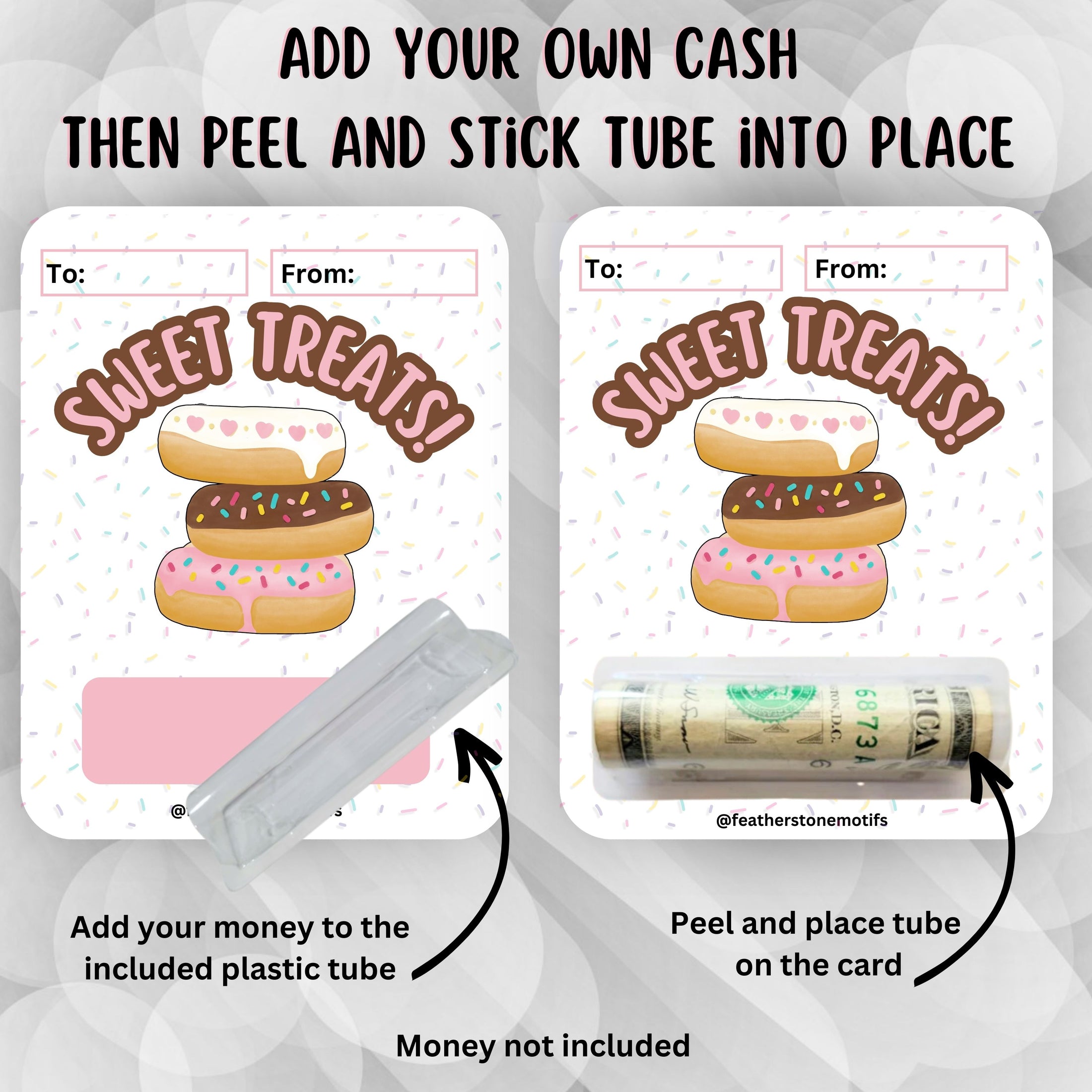 This image shows how to attach the money tube to the Sweet Treats Money Card.