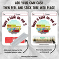 Load image into Gallery viewer, This image shows how to attach the money tube to the Driving Have a Tank on Me Money Card Kit.
