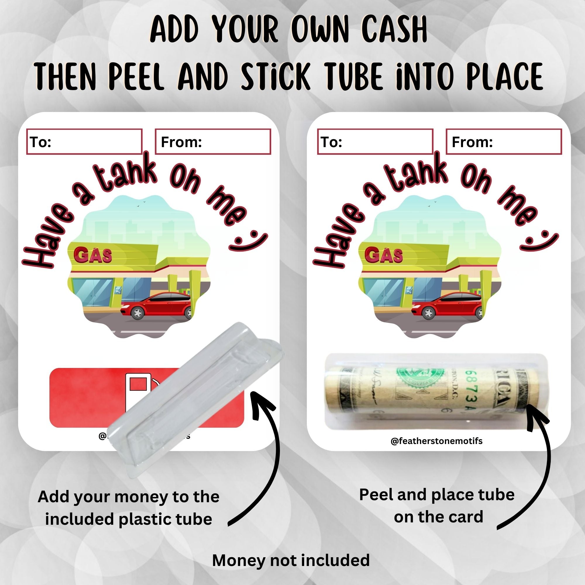 This image shows how to attach the money tube to the Driving Have a Tank on Me Money Card Kit.