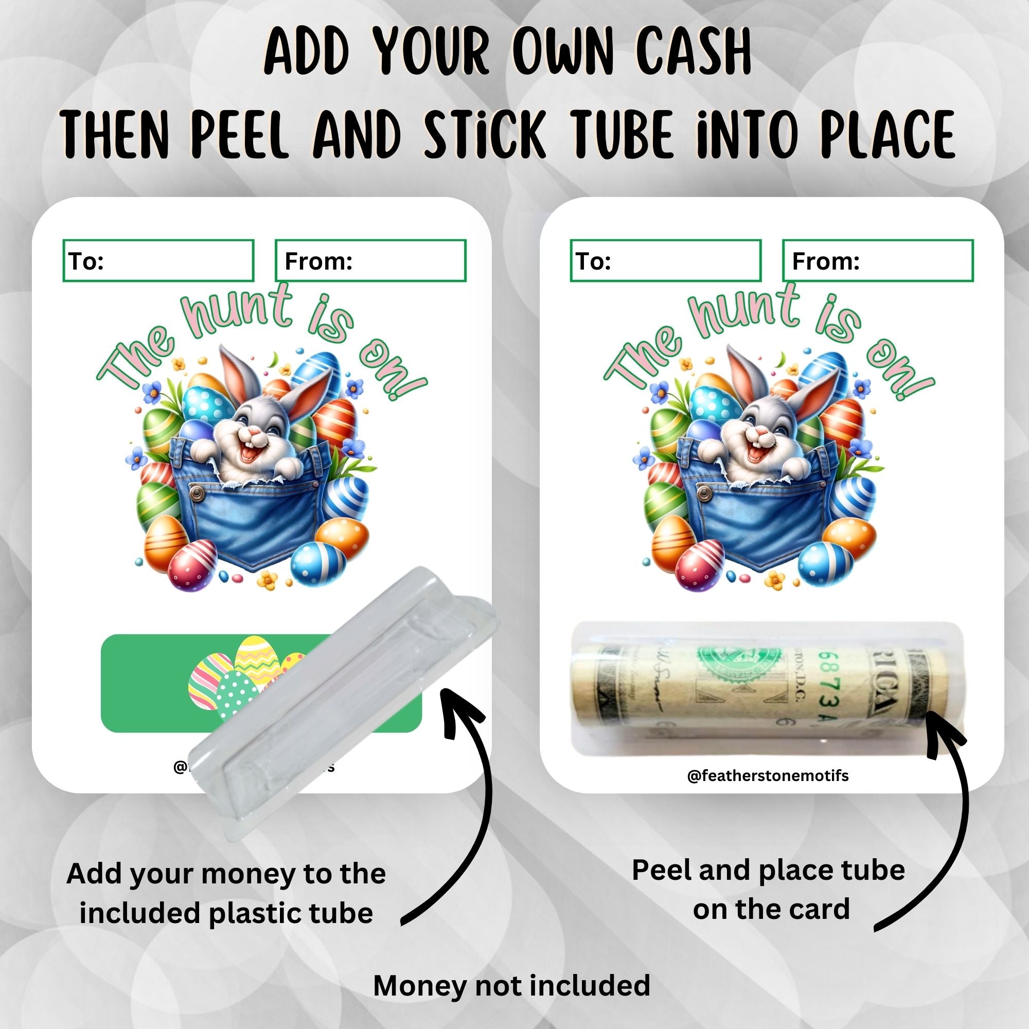 This image shows how to attach the money tube to The hunt is on 1 Easter Money Card.