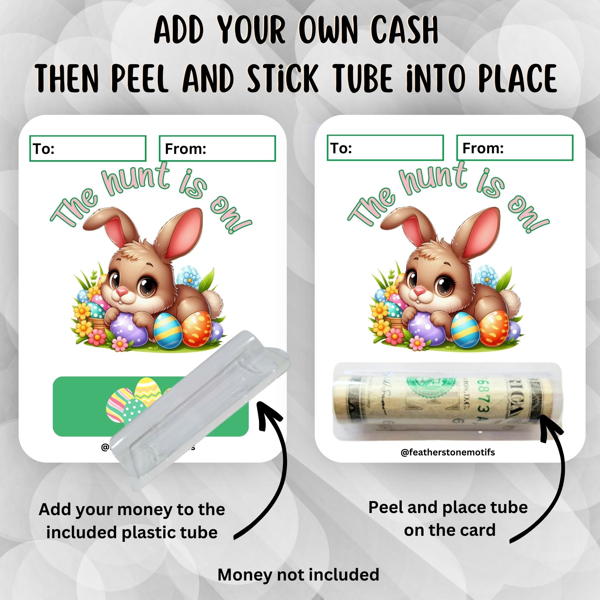 This image shows how to attach the money tube to The hunt is on 2 Easter Money Card.