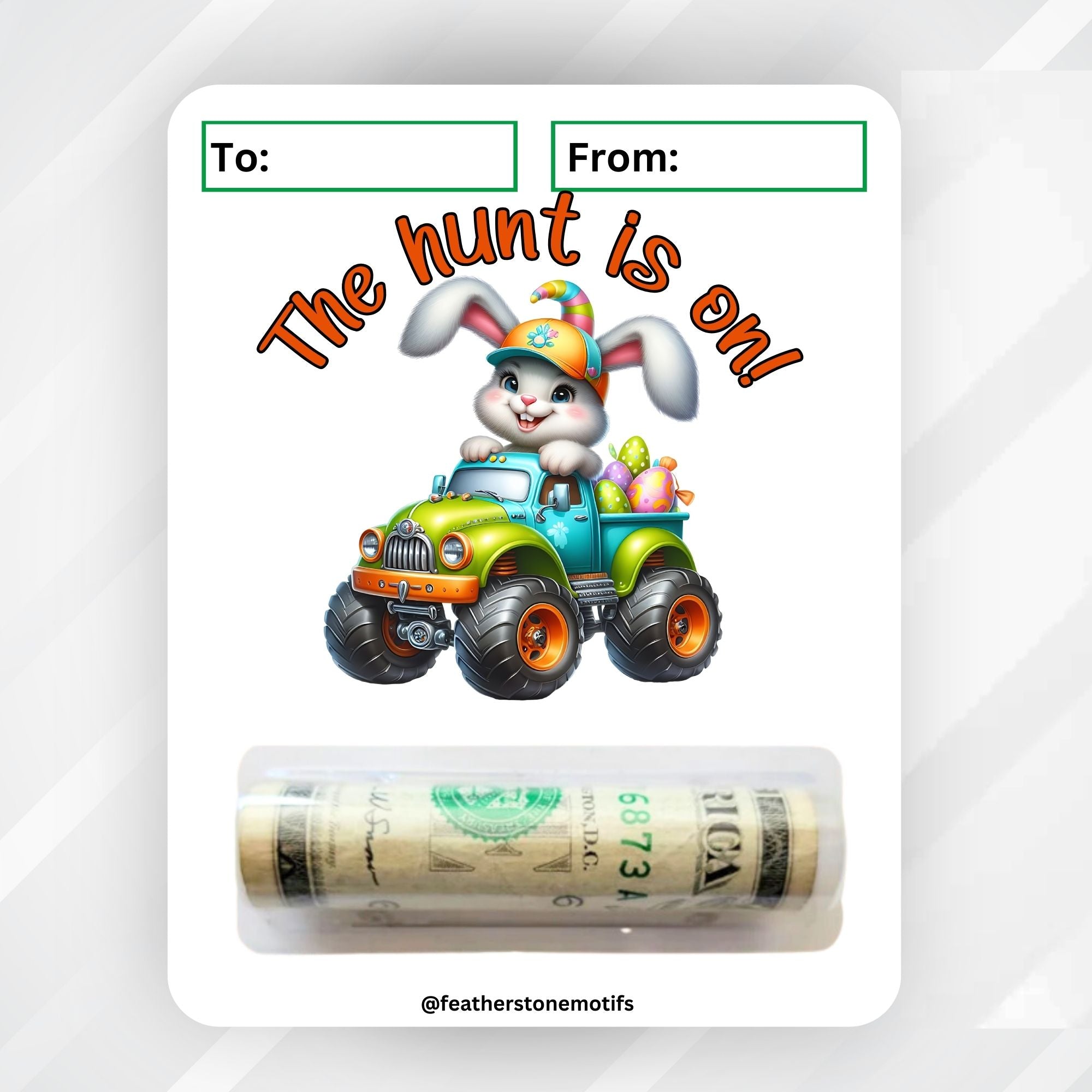 This image shows the money tube attached to The hunt is on 3 Easter Money Card.