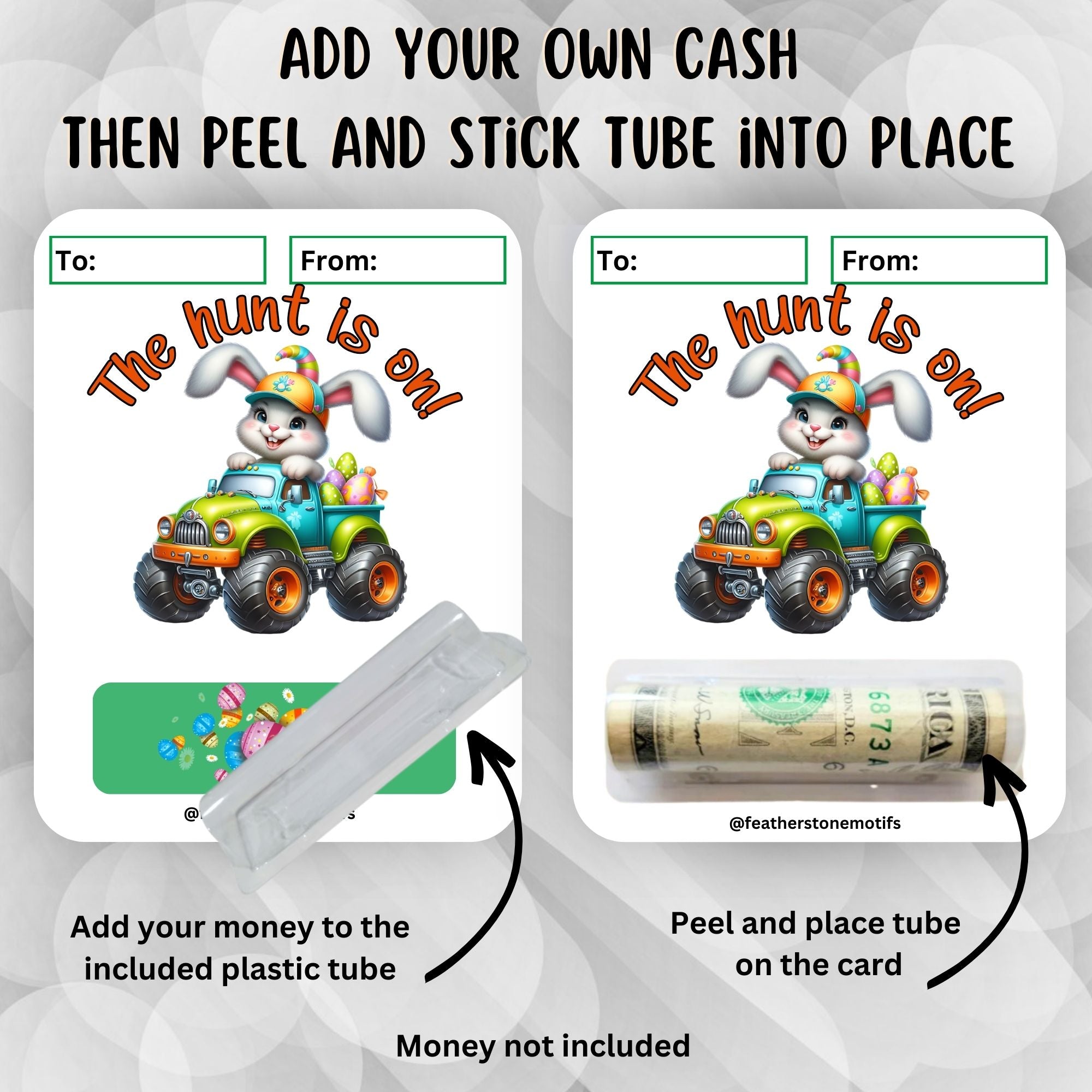 This image shows how to attach the money tube to The hunt is on 3 Easter Money Card.