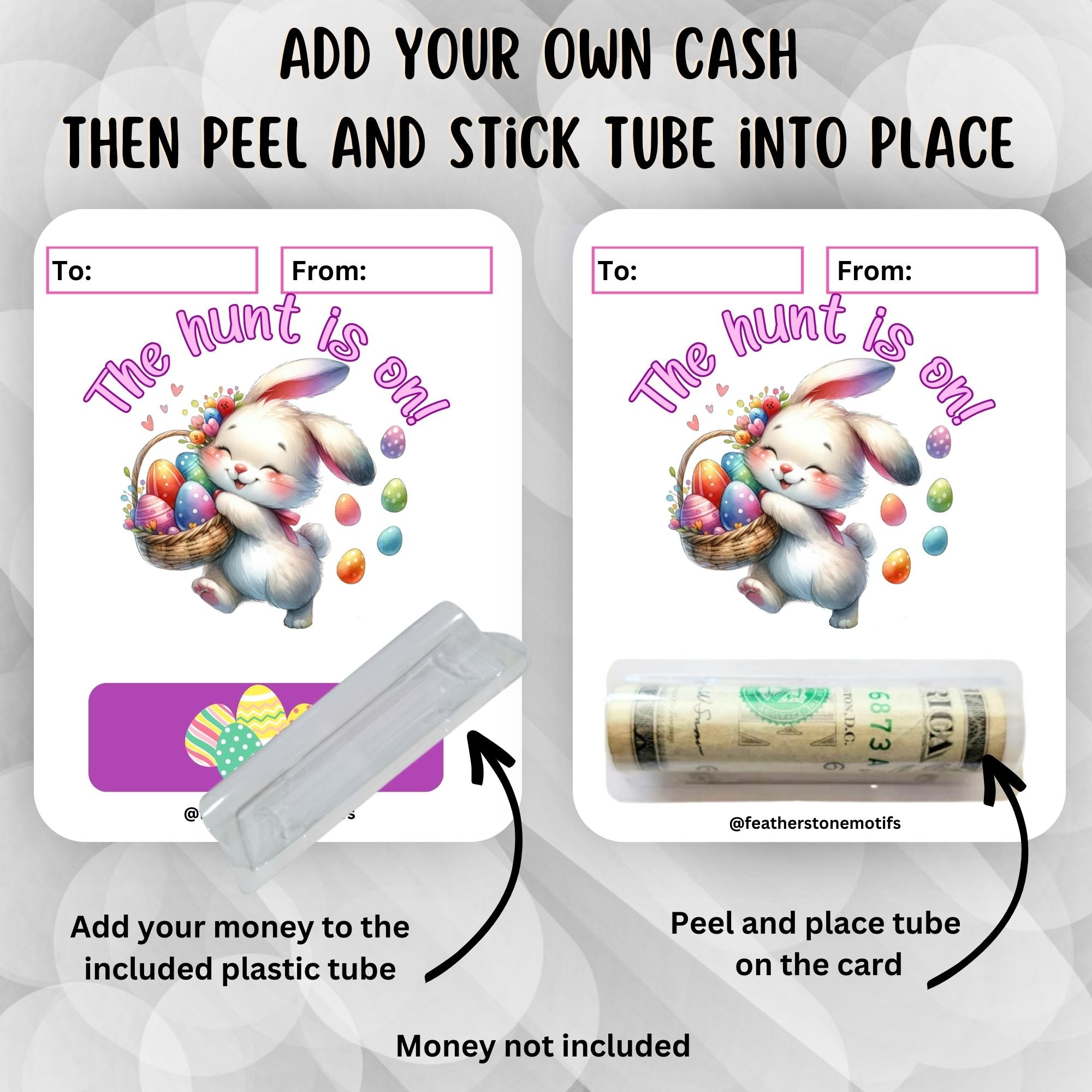 This image shows how to attach the money tube to The hunt is on 4 Easter Money Card.