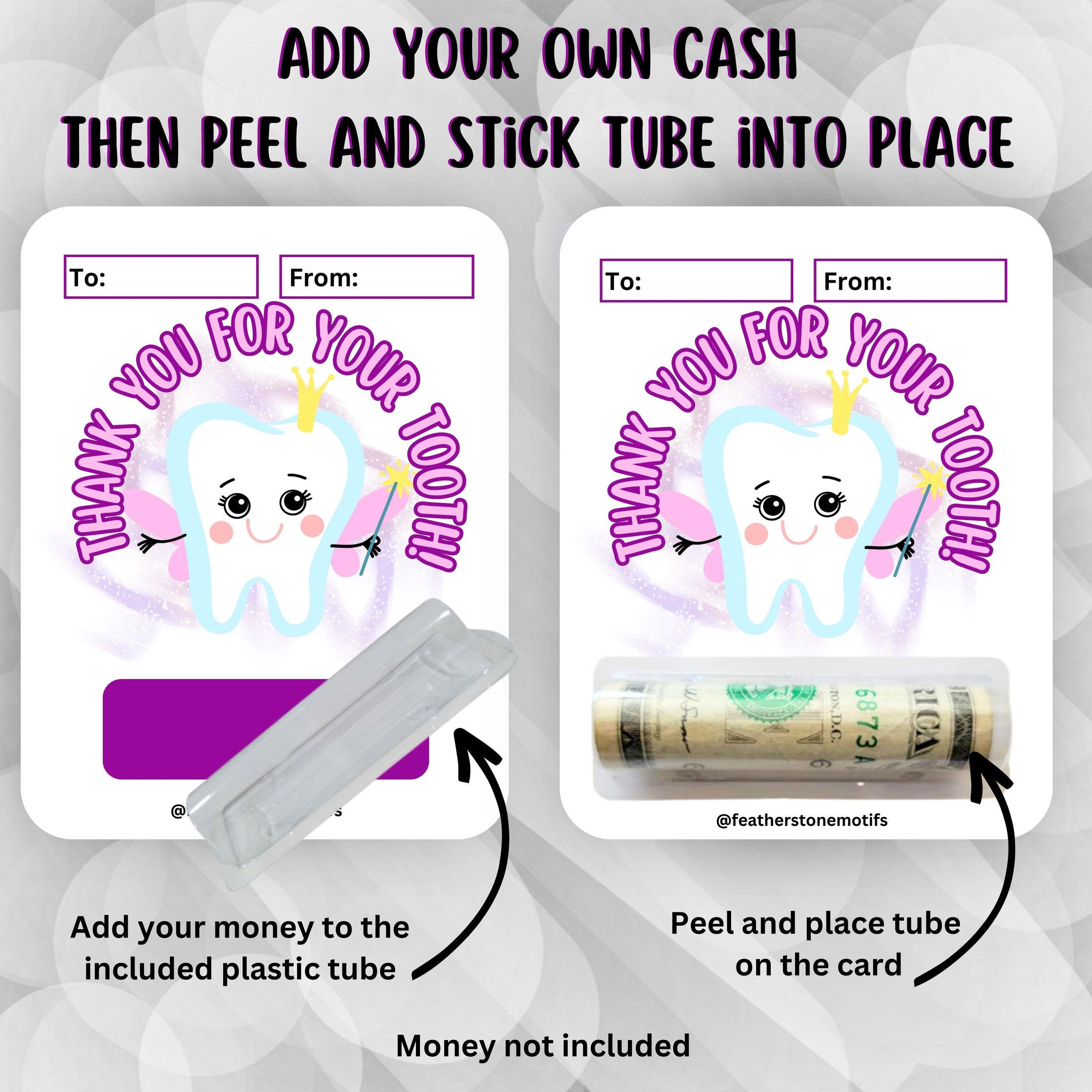 This image shows how to attach the money tube to the Tooth Fairy Purple Money Card.