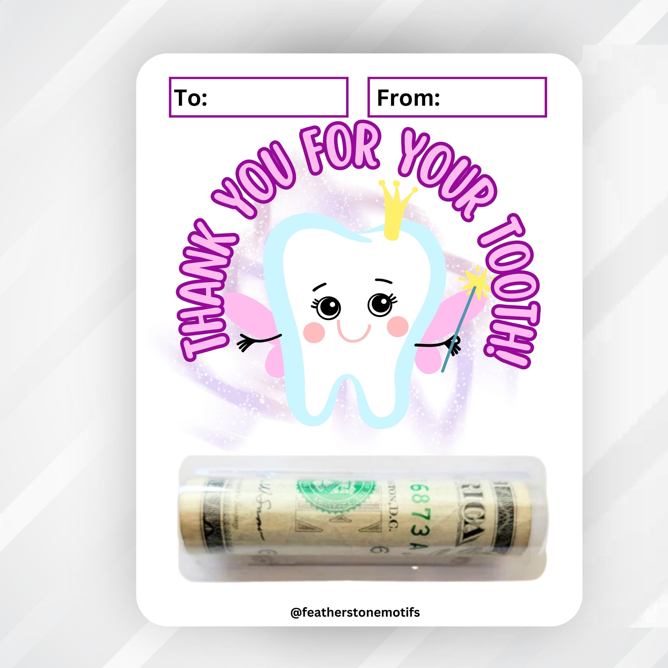 This image shows the money tube attached to the Tooth Fairy Purple Money Card.