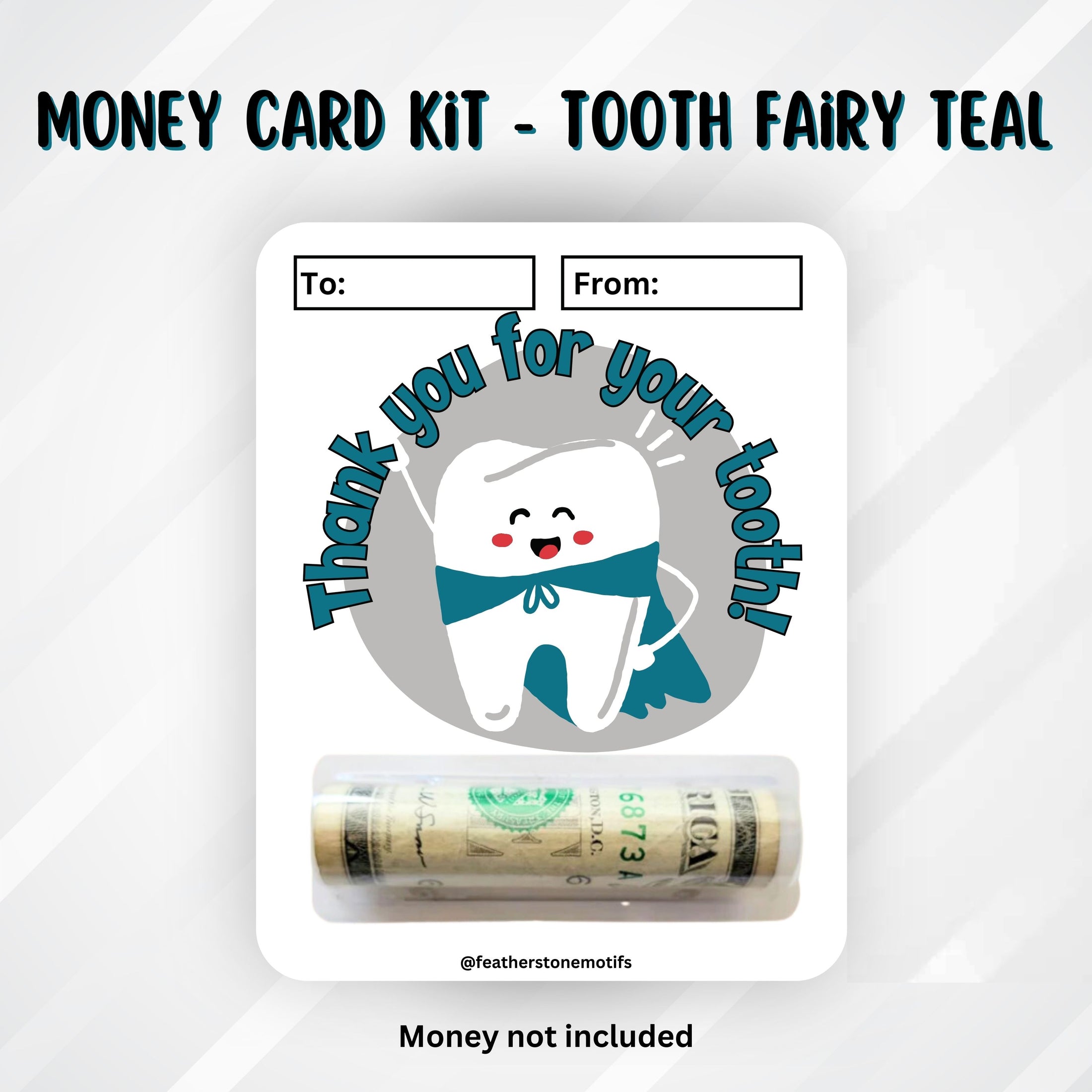 This image shows the money tube attached to the Tooth Fairy Teal Money Card.