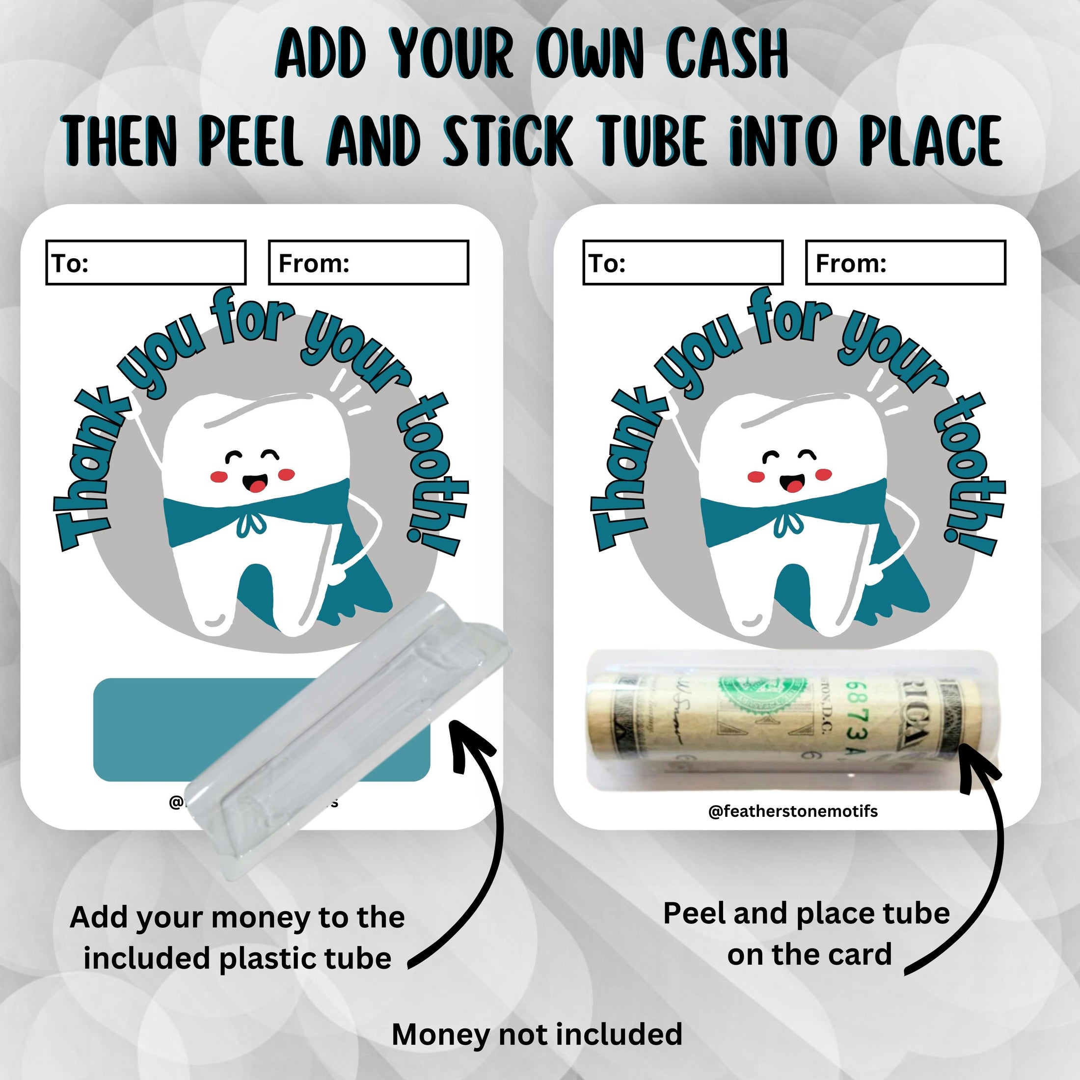 This image shows how to attach the money tube to the Tooth Fairy Teal Money Card.