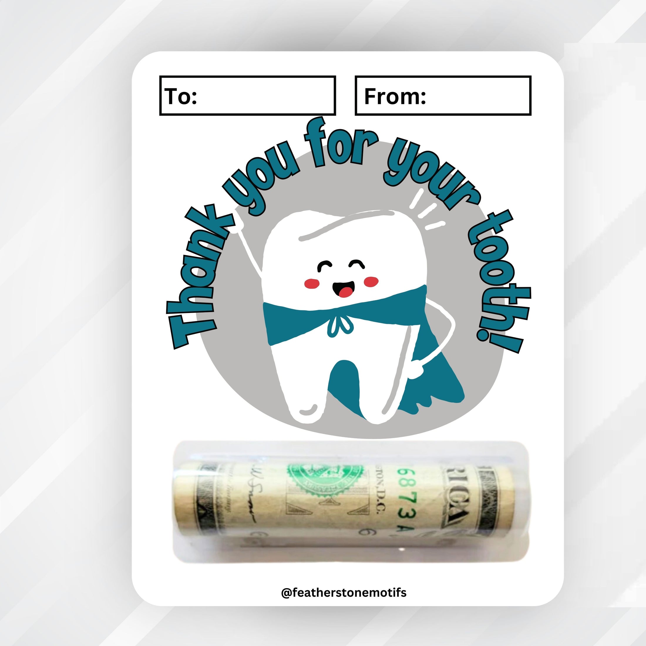 This image shows the money tube attached to the Tooth Fairy Teal Money Card.