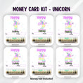 Load image into Gallery viewer, This image shows all six Unicorn Birthday Money Cards with money tubes attached.
