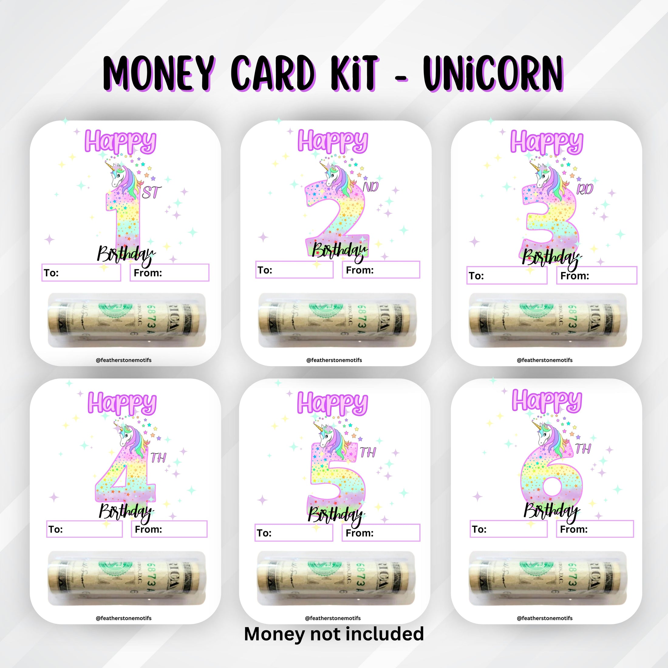 This image shows all six Unicorn Birthday Money Cards with money tubes attached.