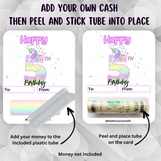 This image shows how to attach the money tube to the Unicorn Birthday Money Card.