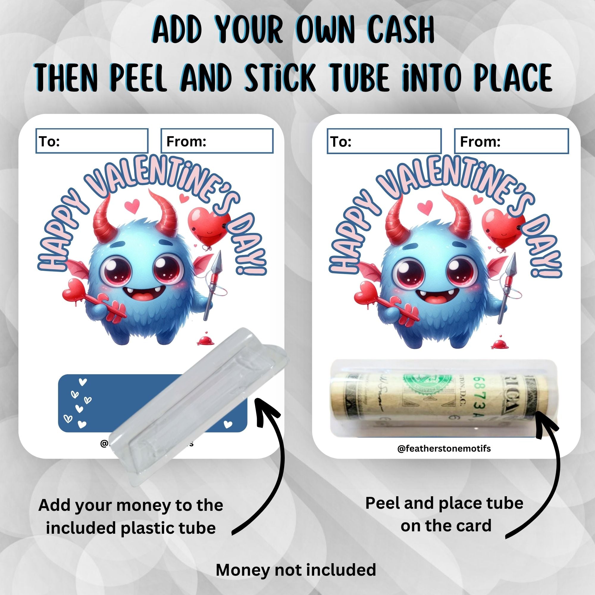 This image shows how to attach the money card to the Blue Monster Valentine Money Card.