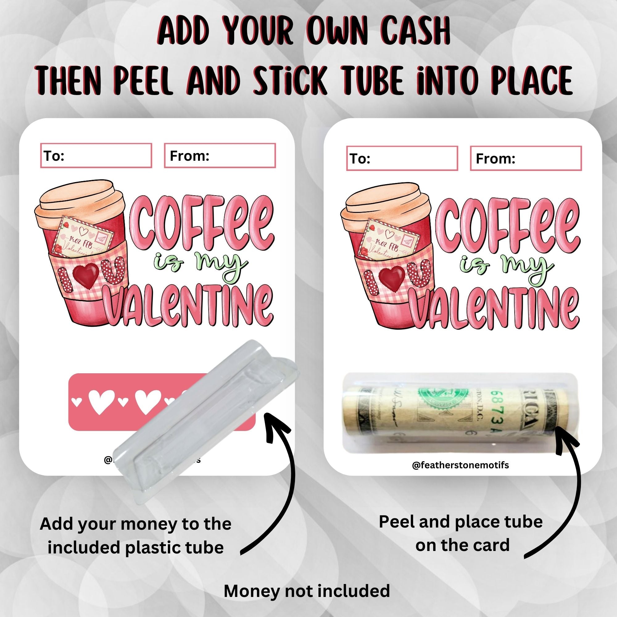 This image shows how to attach the money tube to the Coffee Valentine Money Card.