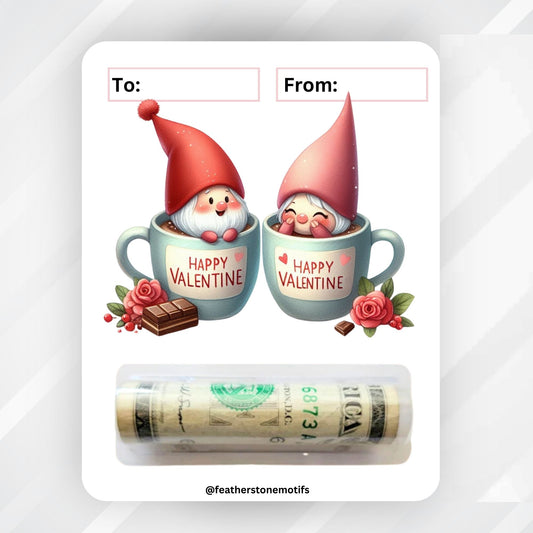This image shows the money tube attached to the Gnomes Valentine Money Card.