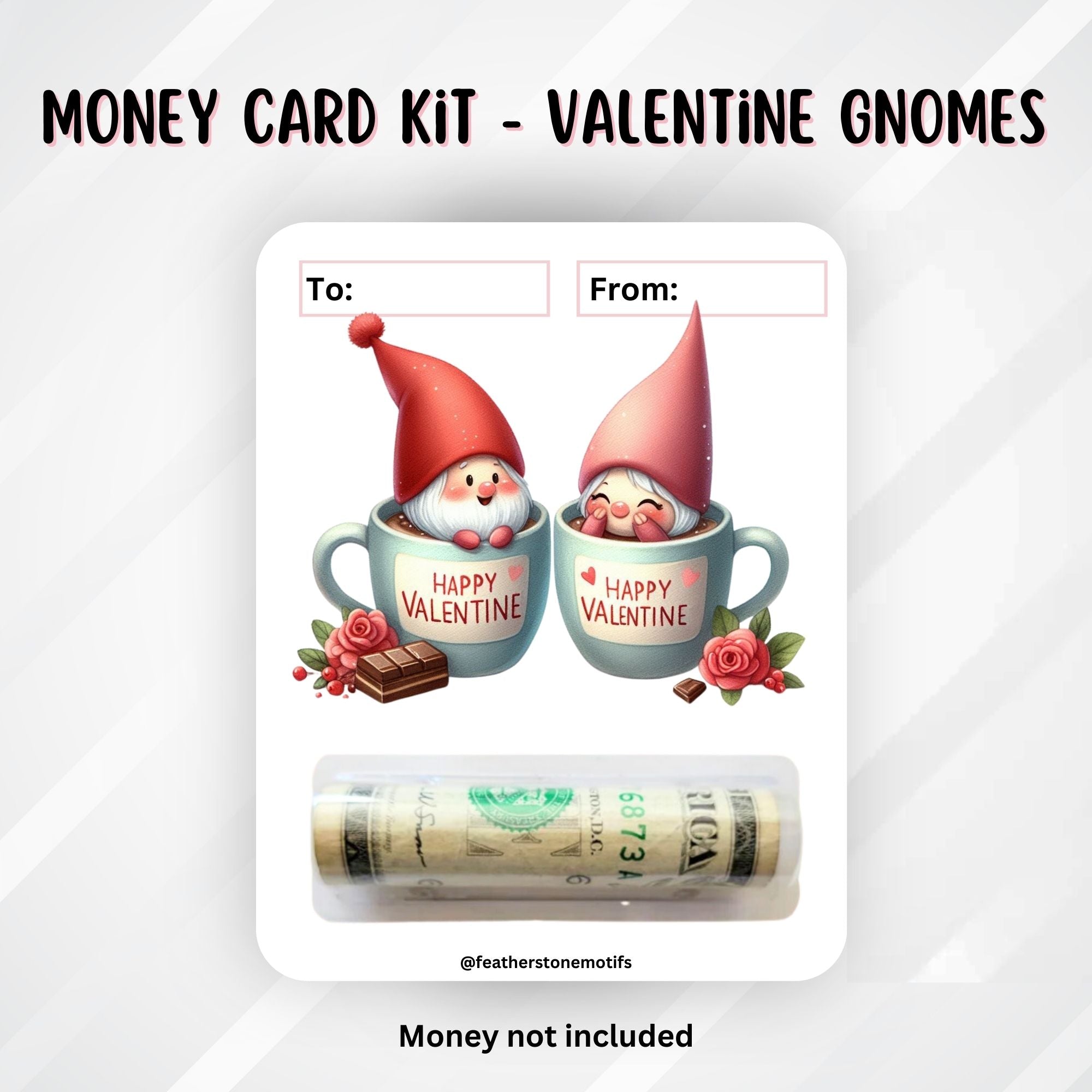 This image shows the money tube attached to the Gnomes Valentine Money Card.