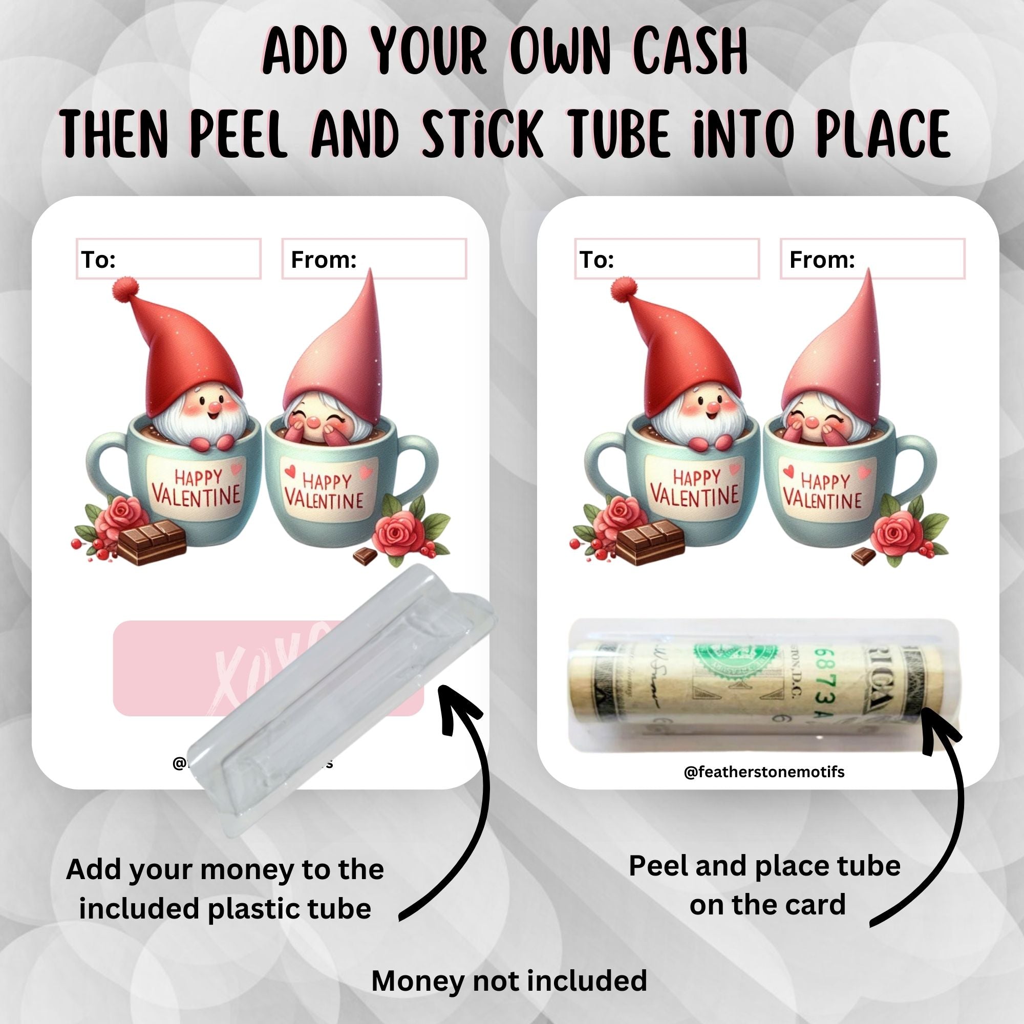 This image shows how to attach the money tube to the Gnomes Valentine Money Card.