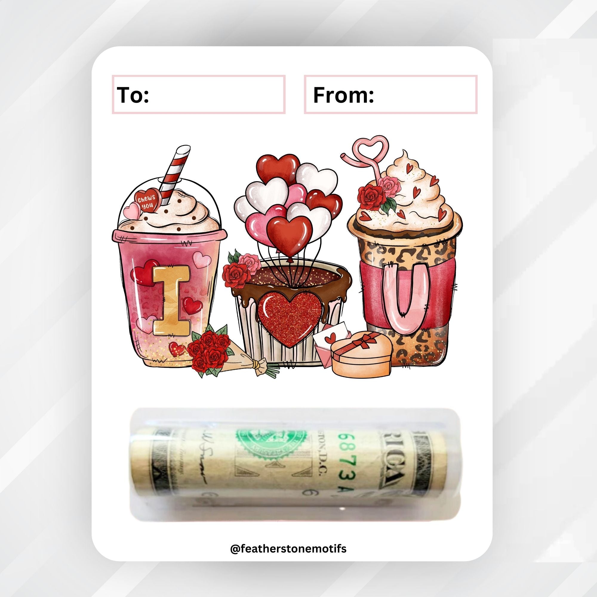 This image shows the money tube attached to the I heart U Valentine Money Card.