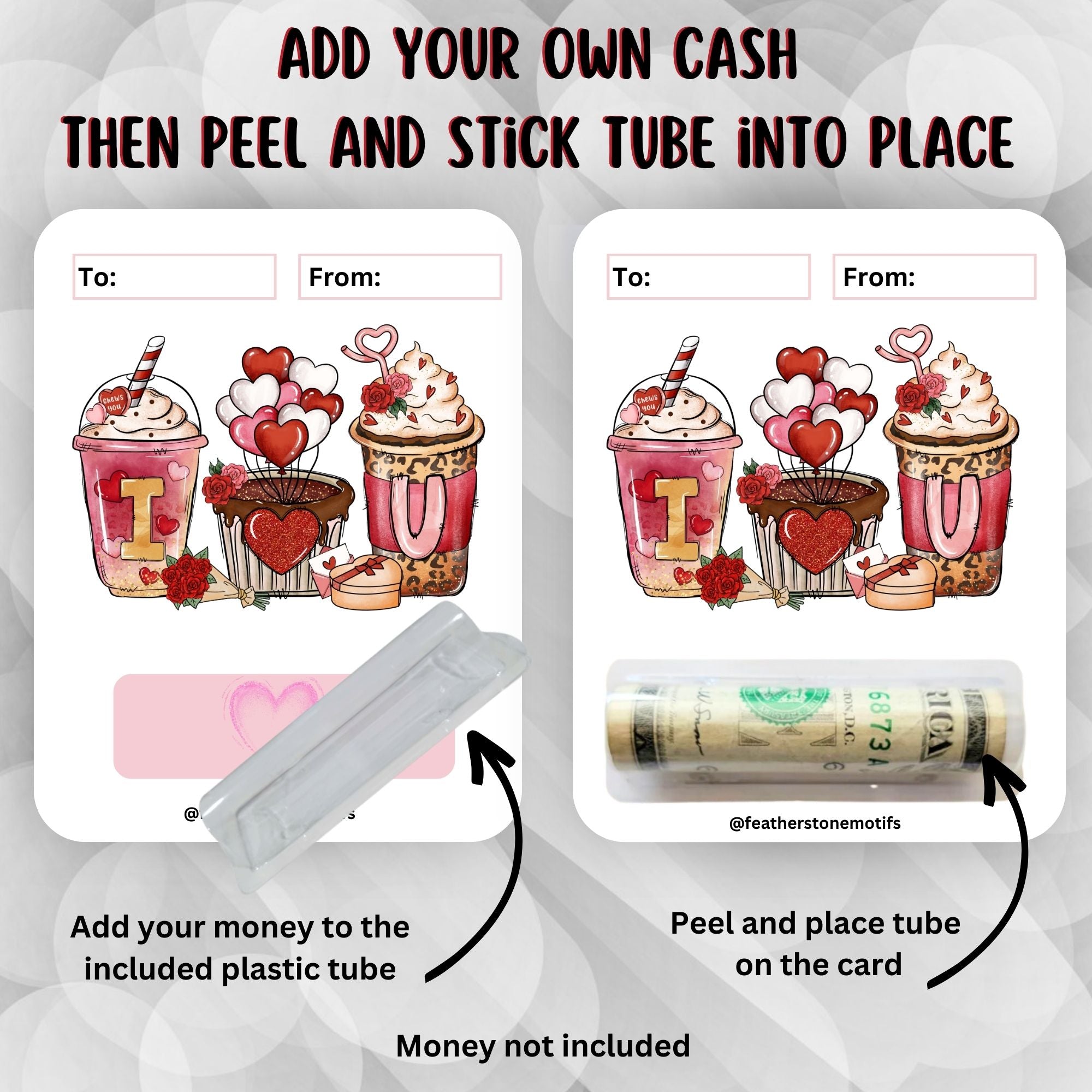 This image shows how to attach the money tube to the I heart U Valentine Money Card.